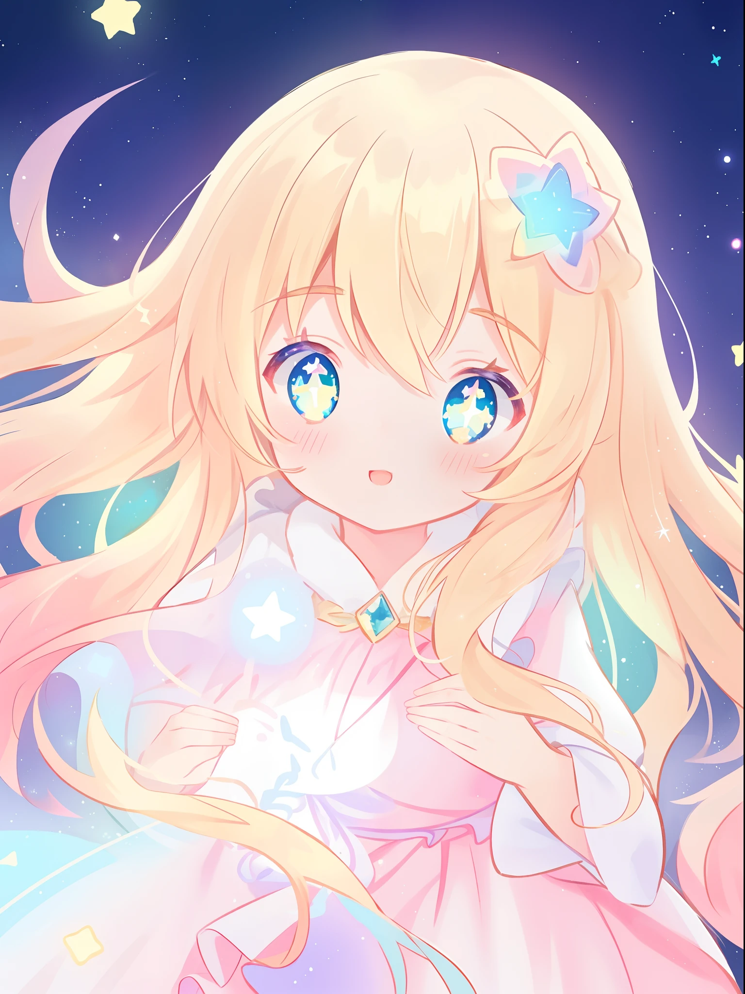 beautiful girl in white tiered ballgown, vibrant pastel colors, (colorful), magical lights, golden long wavy hair, sparkling lines of light, glowing stars, cute glowing creatures, inspired by Glen Keane, inspired by Lois van Baarle, disney art style, by Lois van Baarle, glowing aura around her, by Glen Keane, jen bartel, glowing lights! digital painting, flowing glowing hair, glowing flowing hair, beautiful digital illustration, fantasia background, whimsical, magical, fantasy, beautiful face, ((masterpiece, best quality)), intricate details, highly detailed, sharp focus, 8k resolution, sparkling detailed eyes, liquid watercolor