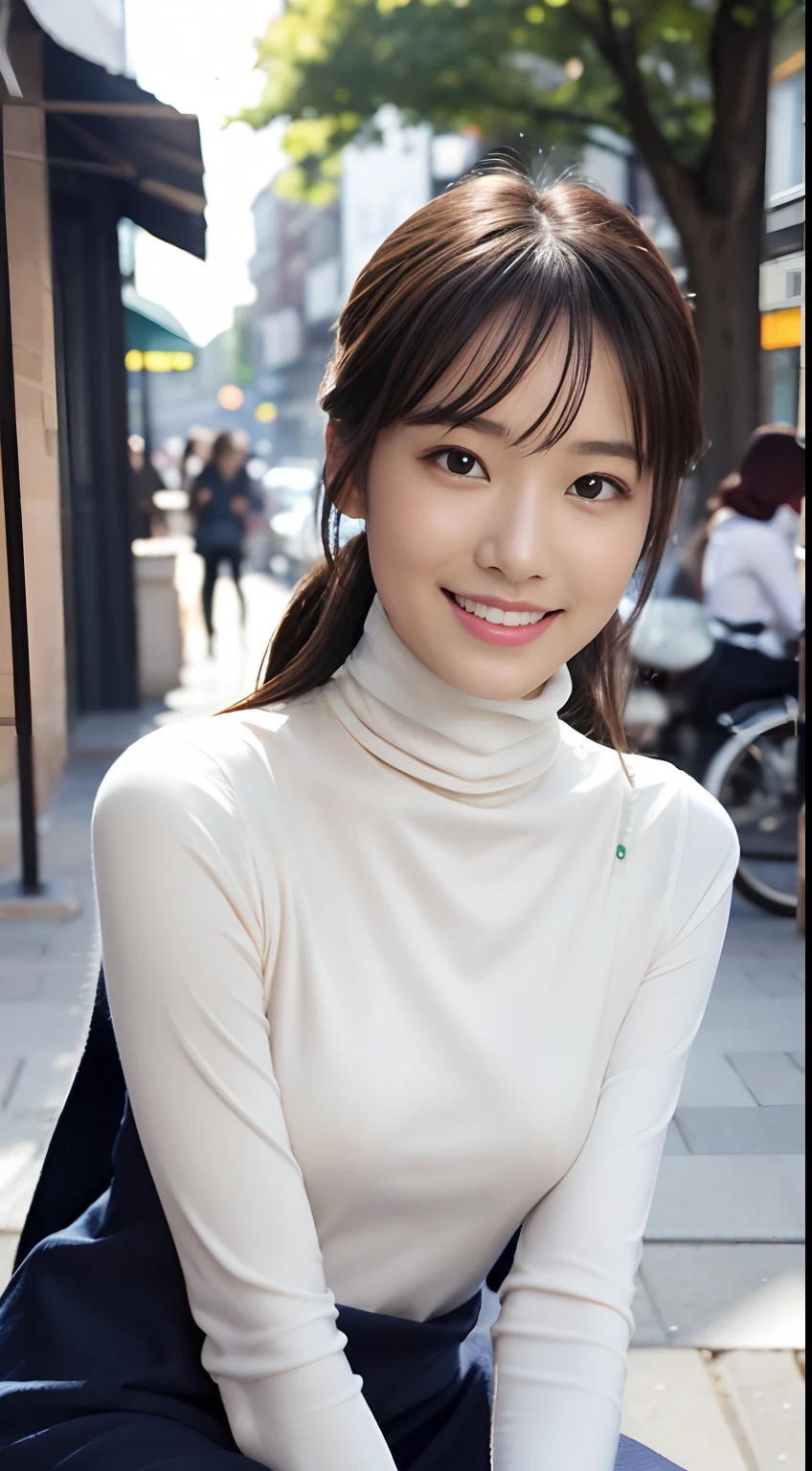 masterpiece, Highest quality, Raw photo, Ultra-high resolution, Realistic, Human skin is extremely delicate,
(Anatomically correct, , Realistic Japan Girl, Photographer's Lover, She really loves the photographer, Baby Face, Cute Face, low length, Narrow waist, Big Breasts, Thin legs, Large Breasts, Realistic Skin),
((Very good, turtleneck, flare skirt:1.3)),
(country, Round face, Black Hair, Iris, Watery eyes, Shining Eyes, Short Bob Cut, bangs, Lowered eyebrows, Small earrings, A slight blush),
(View Photographer, View the viewer, sitting on a park bench, Spread your legs:1.3),
(The smile of a graceful goddess, Seduce men),
(Tokyo, Shinbashi, A very lively Japanese station square),
Natural light, full length