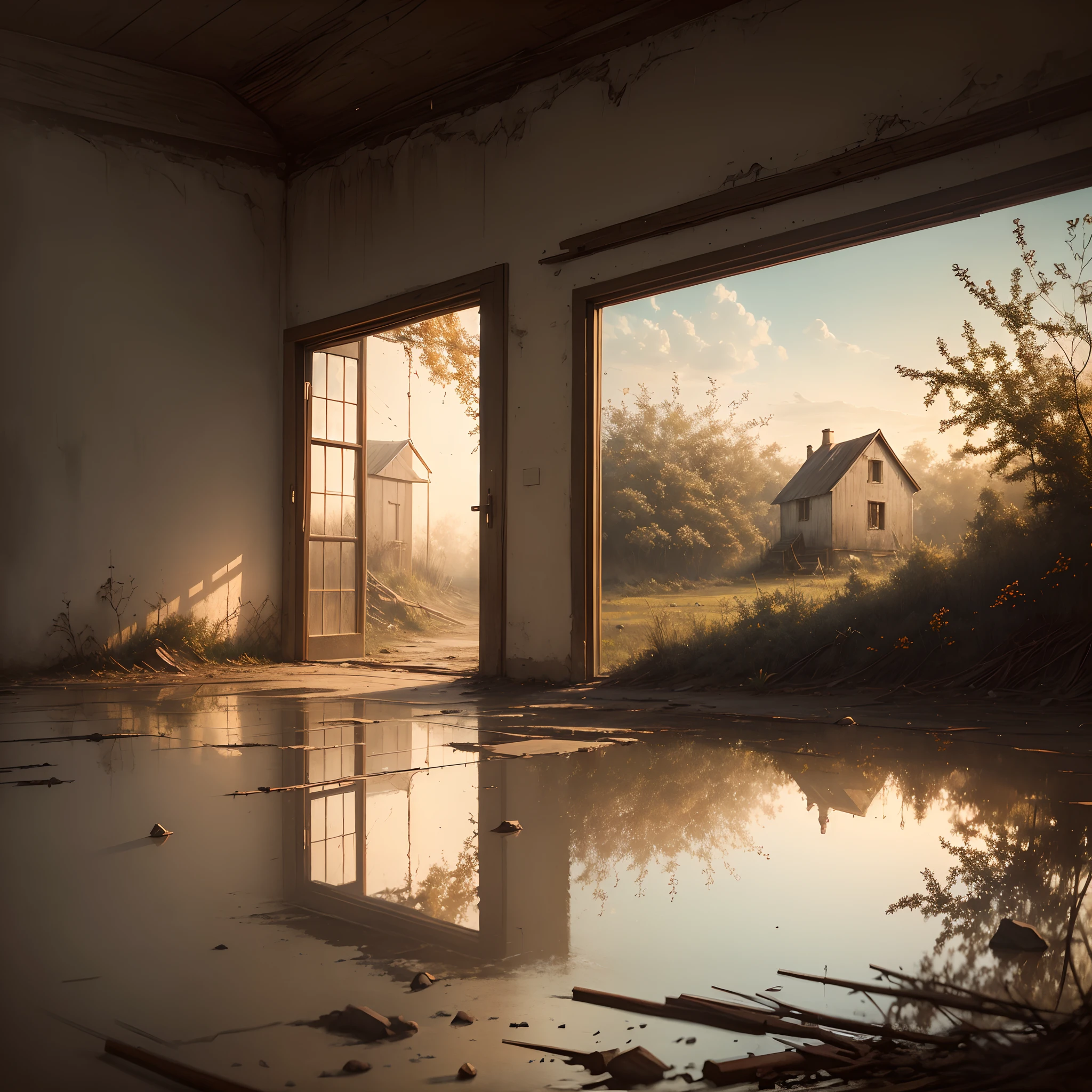 (a sad and nostalgic painting), oil painting, village scene, a lonely figure, dusty old roads, abandoned houses and broken fences, overgrown wildflowers, fading memories, a somber color palette, soft evening light, a touch of melancholy, hidden tears, a sense of longing and loss, a signature brushstroke technique, intimate and personal, capturing the essence of a forgotten past, a bittersweet reflection on the passage of time, a hint of hope in the distance, a touch of serenity amidst the abandonment, a forgotten home. (best quality, highres), (realistic), detailed textures, intricate details, depth and perspective, soothing and dreamy atmosphere.