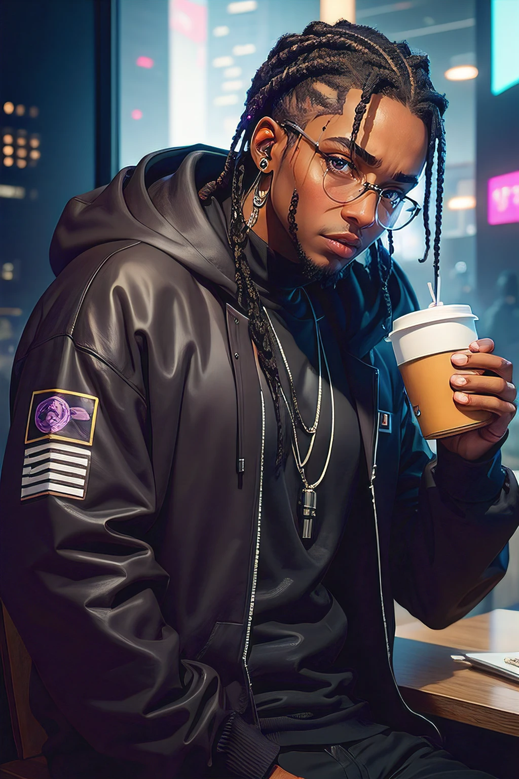 best quality, anime, 1 guy, looking like travis scott, brown braided hair, in black outfit, black hoodie, white skin, brown eyes, no beard, futuristic, cyberpunk theme, purple light, lightly chubby face, drinking coffee, wearing rounded glasses, no ear ring