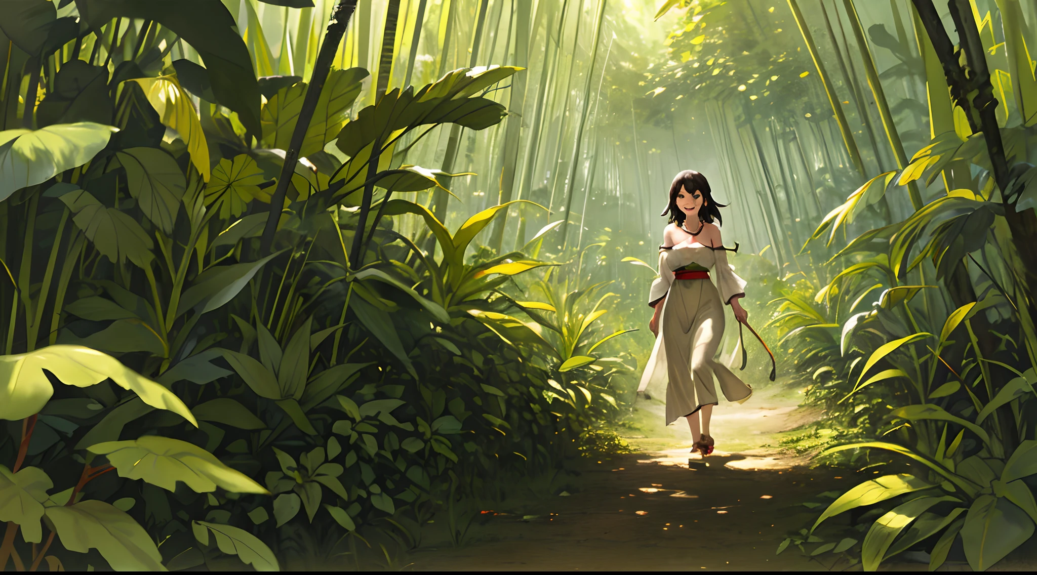A girl stands in the jungle and begins to walk slowly. Her pace quickens, and with the rhythm of her footsteps, she joyfully explores the beauty of the jungle."