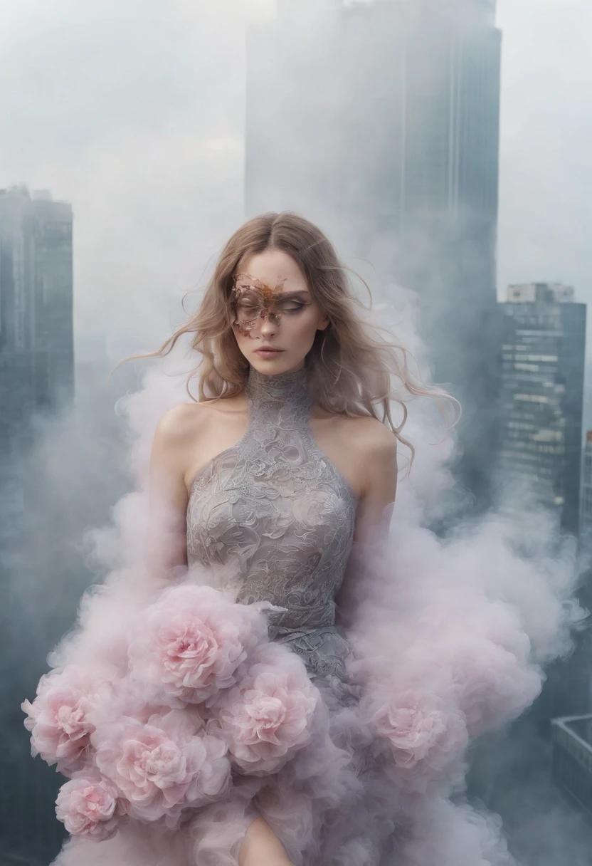 A woman's face hidden by a smoke cloud, cloud covering face::2, surreal photograph, long hair, movie still by Christoper Nolan, dress with flower pattern, foggy, city with skyscrapers, halation around lights, diffuse lighting, extreme high angle::2, Instax, pastel colours --style raw --v 5.2-