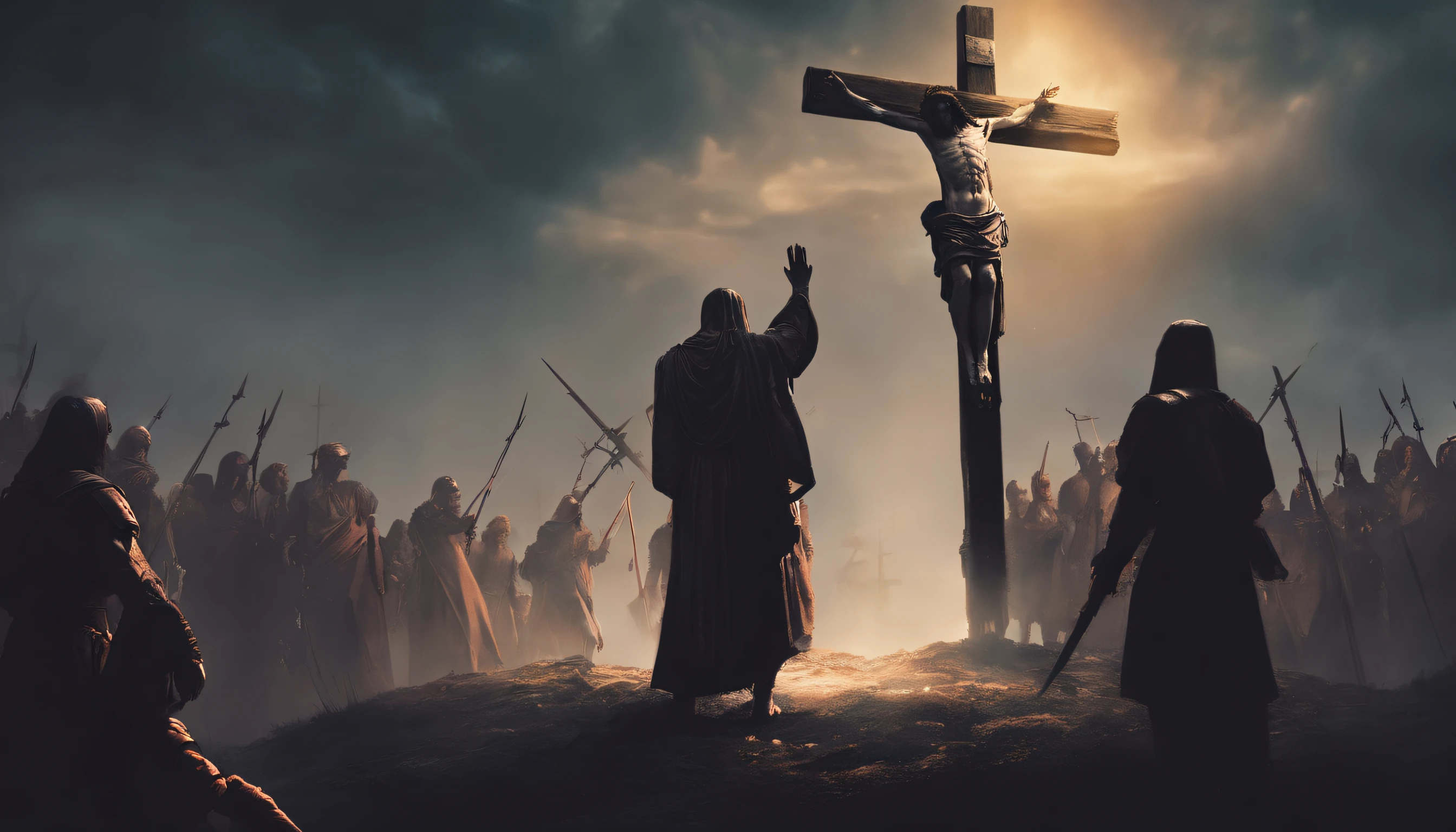 JESUS ​​CHRIST ON THE CROSS, DARK, ROMAN SOLDIERS AROUND, LIGHT EFFECT ON HIM, REALISTIC