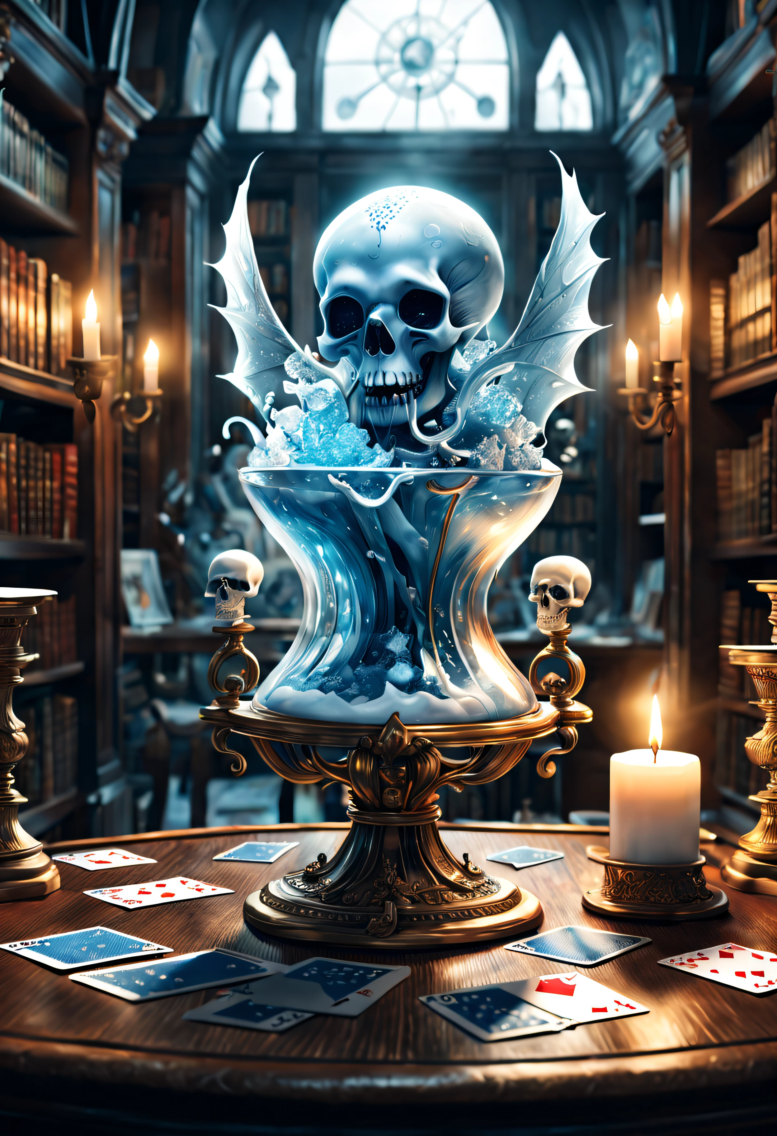 modern art,surrealism,salvador dali,hourglass,(Library),ice,blizzard,sapphire eye,(kraken),wing,playing cards,candle,skull,ice queen,solo,(upper body),BREAK
Masterpiece, best quality, captures a super cute moment, depth of field, ultra detailed, ultra high resolution, Octadale, 8k, 16k