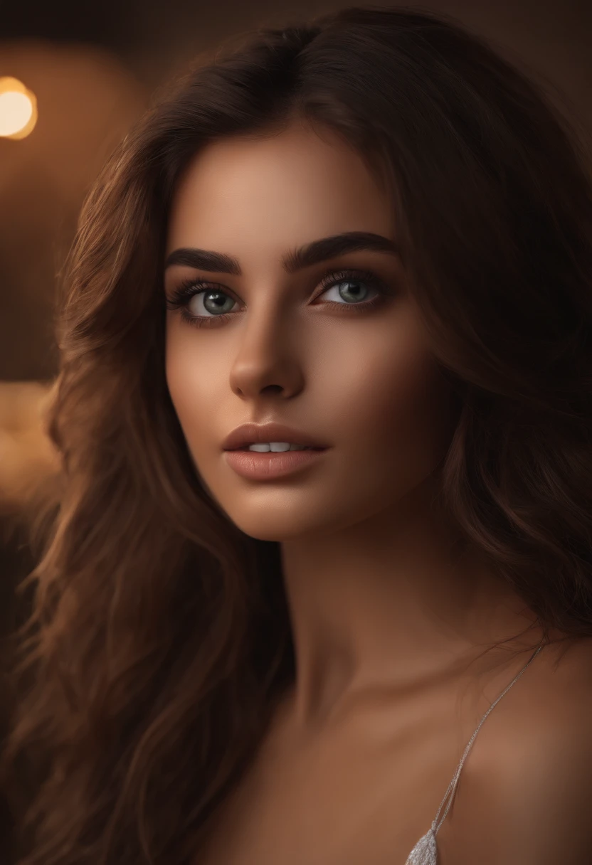 sexy girl with brown eyes, ultra realistic, meticulously detailed, brown messy hair and large eyes, dubai eyes, violet myers, without makeup, natural makeup, face with artgram, subtle makeup, messy hair, home envrionment, cooking
