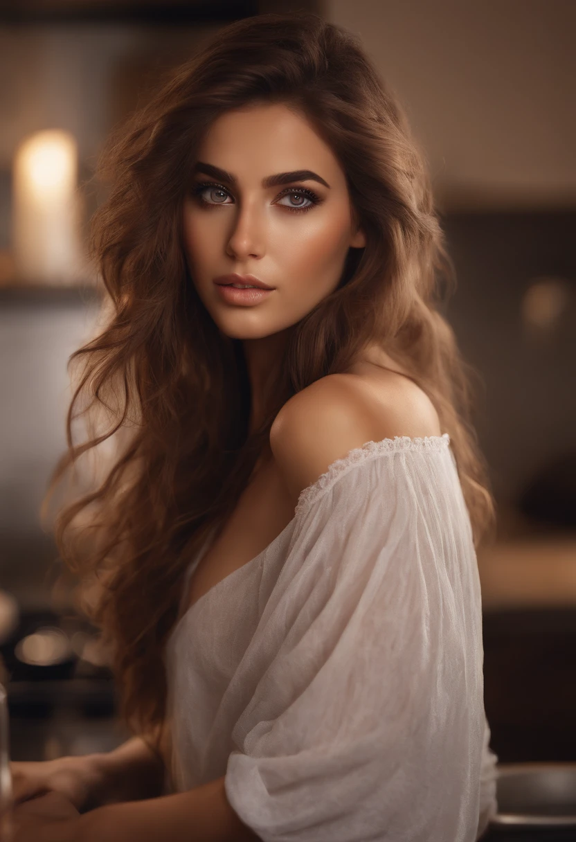 sexy girl with brown eyes, ultra realistic, meticulously detailed, brown messy hair and large eyes, dubai eyes, violet myers, without makeup, natural makeup, face with artgram, subtle makeup, messy hair, home envrionment, cooking