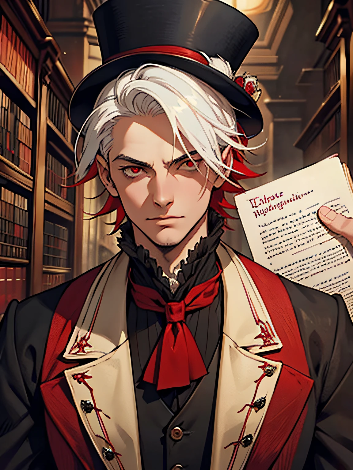 Jesse is tall He has white hair with red tips, and sharp red eyes, they're so beautiful to look at. Jesse is seen wearing a bloodborne victorian dark clothes. victorian top hat, Red hair stripes, victorian library, library background, night