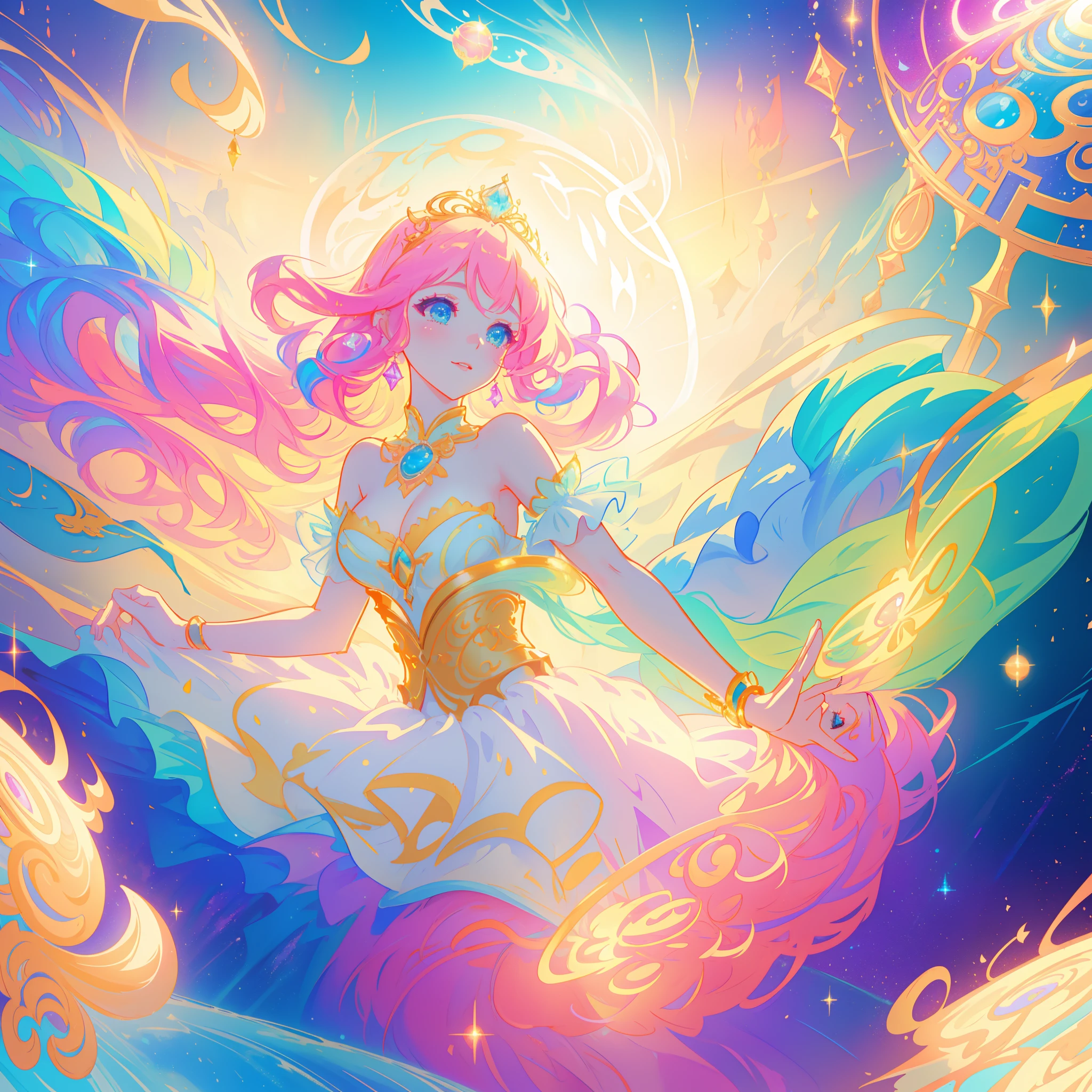 beautiful girl, puffy tiered princess ballgown, vibrant pastel colors, (colorful), magical lights, long flowing golden hair, inspired by Glen Keane, inspired by Lois van Baarle, disney art style, by Lois van Baarle, glowing aura around her, by Glen Keane, jen bartel, glowing lights! digital painting, beautiful digital illustration, fantasia background, whimsical, magical, fantasy, beautiful face, ((masterpiece, best quality)), intricate details, highly detailed, sharp focus, 8k resolution, sparkling detailed eyes