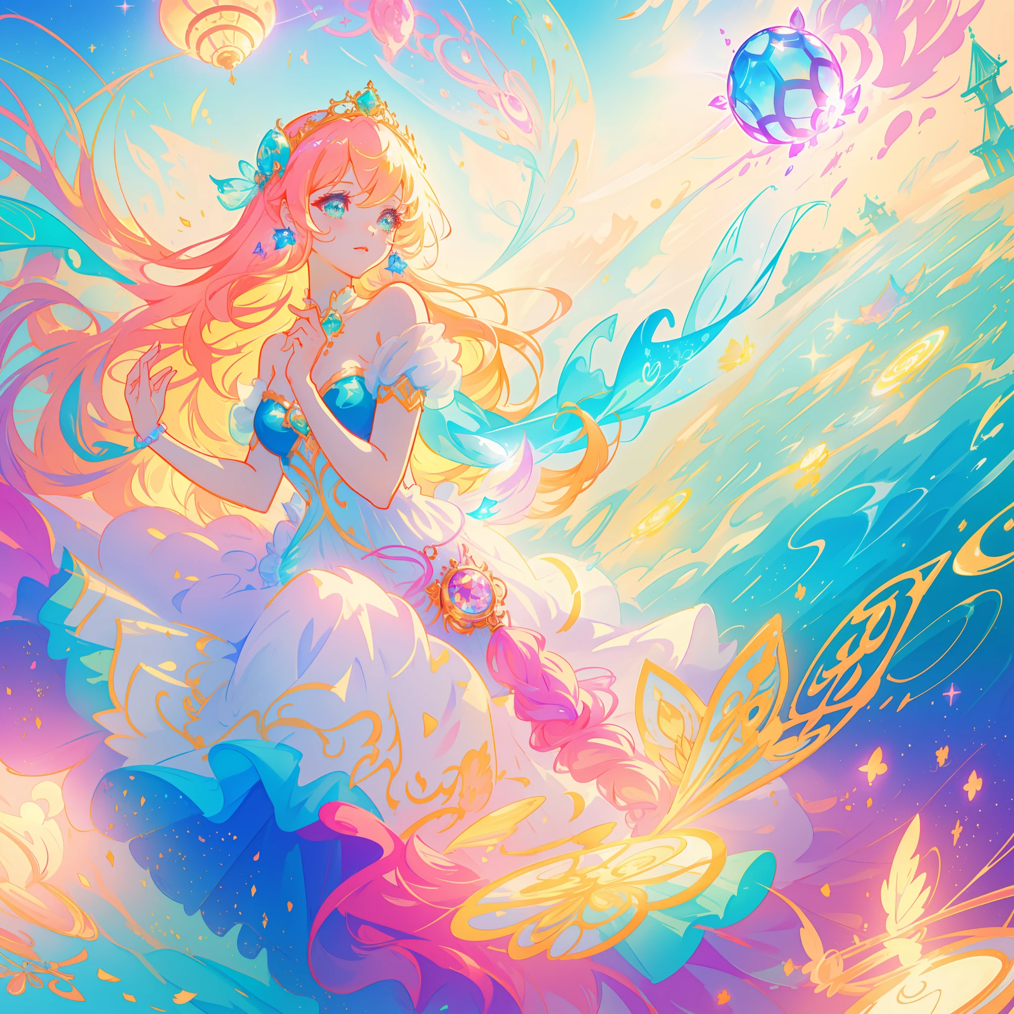 beautiful girl, puffy tiered princess ballgown, vibrant pastel colors, (colorful), magical lights, long flowing golden hair, inspired by Glen Keane, inspired by Lois van Baarle, disney art style, by Lois van Baarle, glowing aura around her, by Glen Keane, jen bartel, glowing lights! digital painting, beautiful digital illustration, fantasia background, whimsical, magical, fantasy, beautiful face, ((masterpiece, best quality)), intricate details, highly detailed, sharp focus, 8k resolution, sparkling detailed eyes