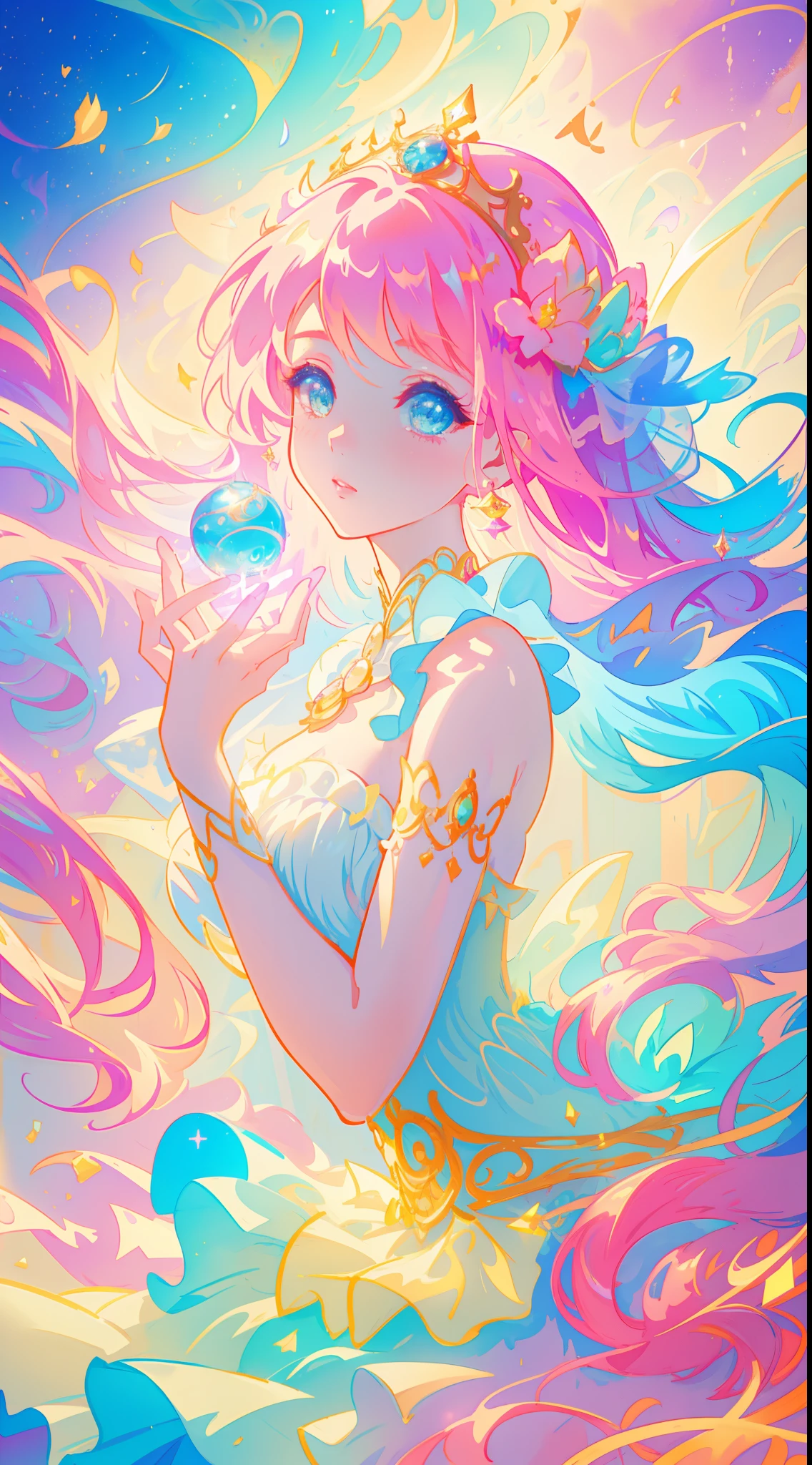 beautiful girl, puffy tiered princess ballgown, vibrant pastel colors, (colorful), magical lights, long flowing golden hair, inspired by Glen Keane, inspired by Lois van Baarle, disney art style, by Lois van Baarle, glowing aura around her, by Glen Keane, jen bartel, glowing lights! digital painting, beautiful digital illustration, fantasia background, whimsical, magical, fantasy, beautiful face, ((masterpiece, best quality)), intricate details, highly detailed, sharp focus, 8k resolution, sparkling detailed eyes