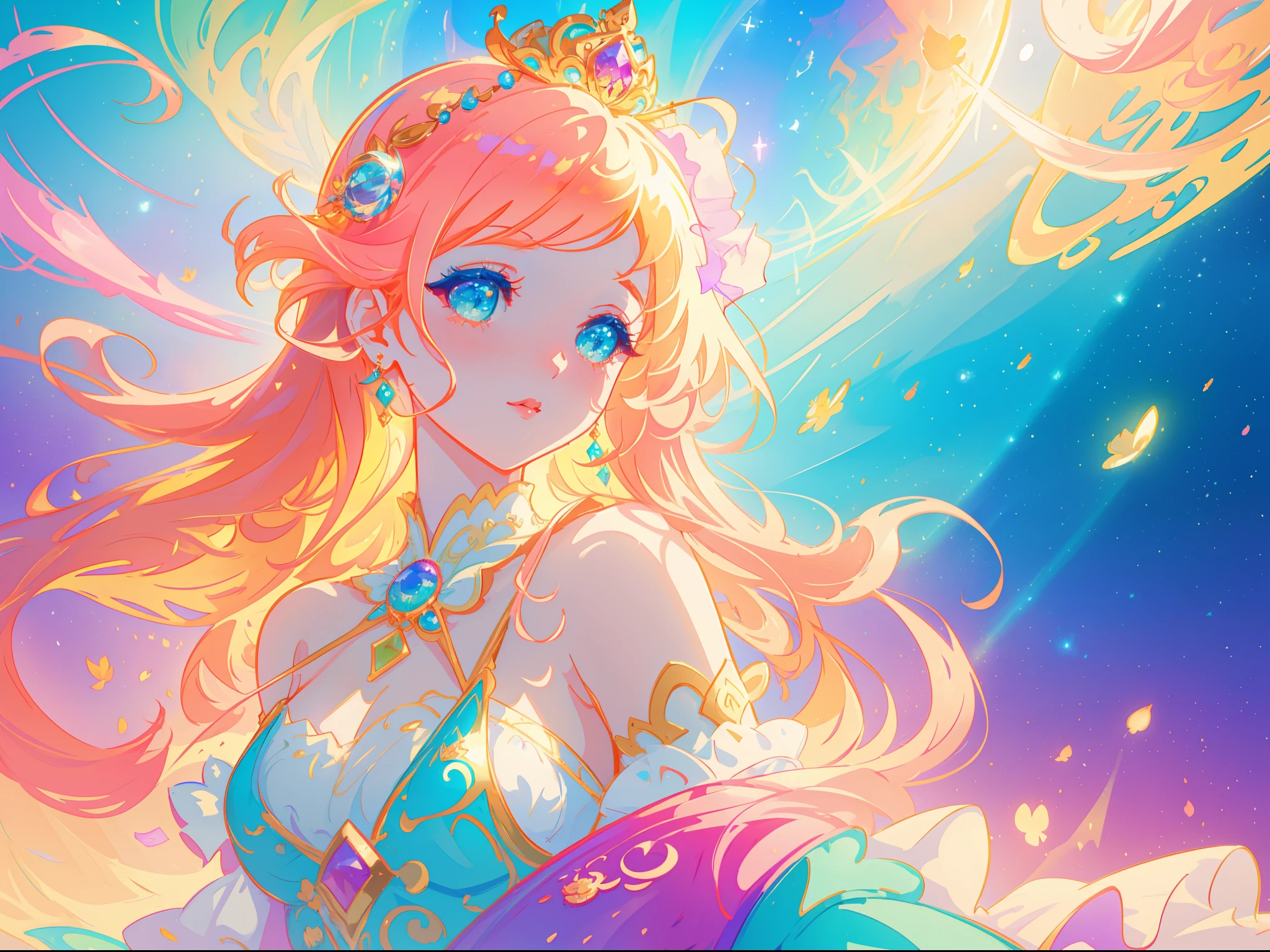 beautiful girl, puffy tiered princess ballgown, vibrant pastel colors, (colorful), magical lights, long flowing golden hair, inspired by Glen Keane, inspired by Lois van Baarle, disney art style, by Lois van Baarle, glowing aura around her, by Glen Keane, jen bartel, glowing lights! digital painting, beautiful digital illustration, fantasia background, whimsical, magical, fantasy, beautiful face, ((masterpiece, best quality)), intricate details, highly detailed, sharp focus, 8k resolution, sparkling detailed eyes