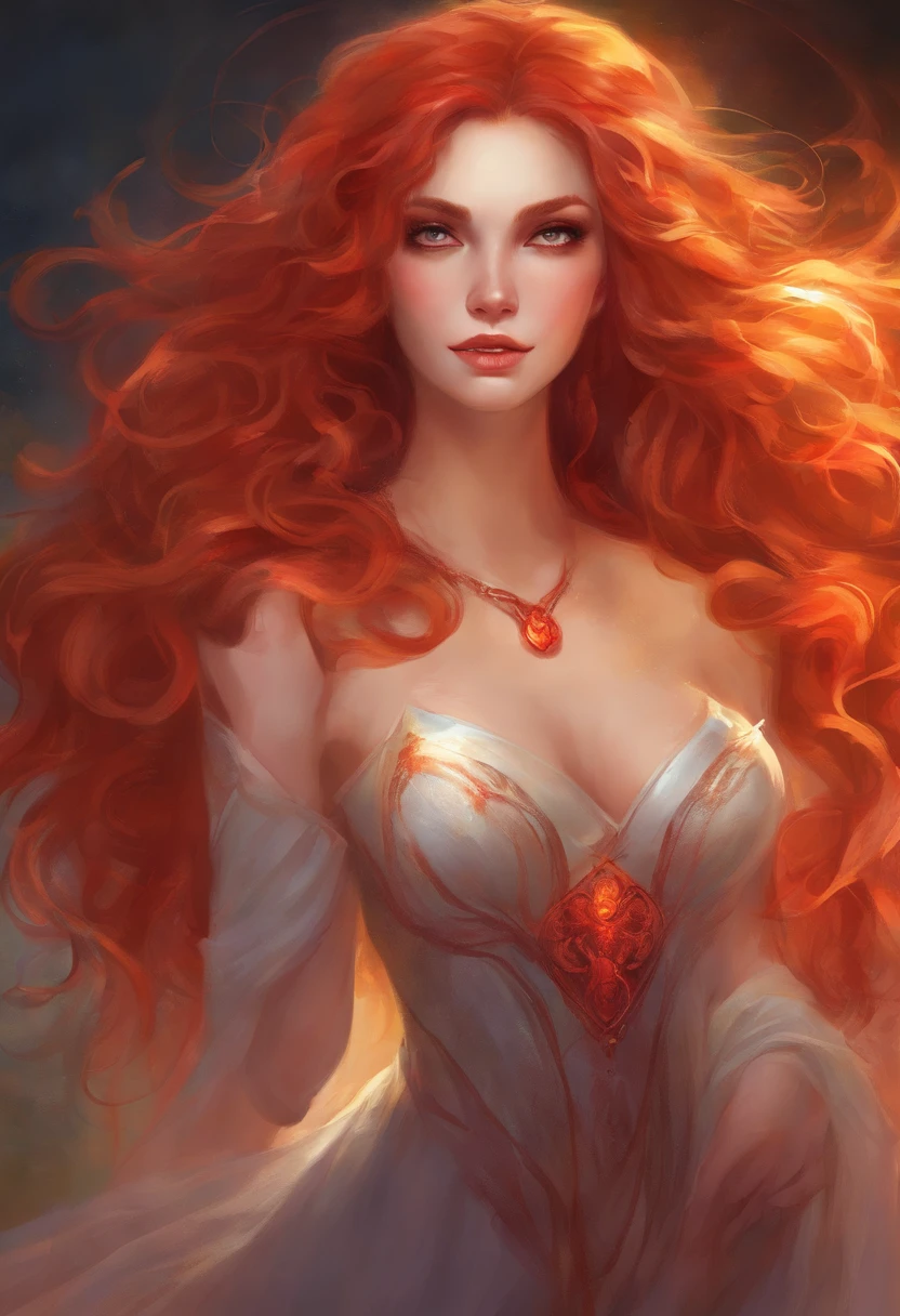 Long curly red hair, vampire fangs, pale skin, big breasts, and red and orange glowing eyes. Realistic.