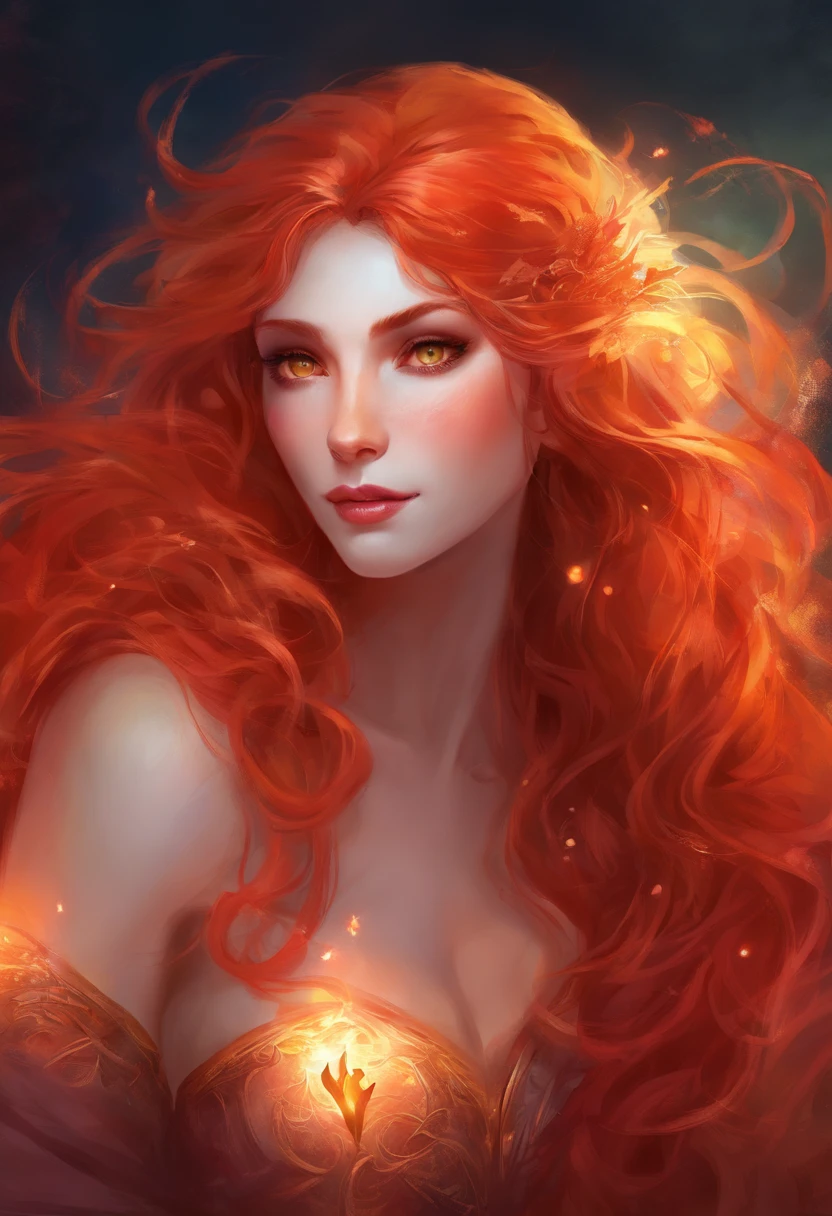 Long curly red hair, vampire fangs, pale skin, big breasts, and red and orange glowing eyes. Realistic.