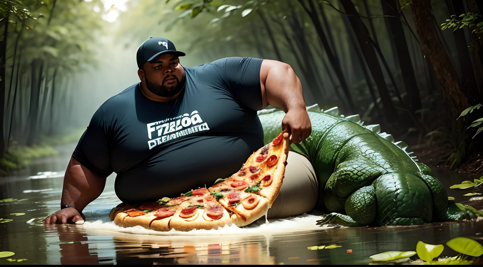 (Highest Quality, 4k, masterpiece, Amazing Details:1.1) photo of fat obese black man hand feeding a giant crocodile a pizza slice, shirtless, black beard, black hair, background is swamp, night, detailed crocodile, detailed scales, a crocodile, cinematic shot, hard shadows, RAW candid cinema, 16mm, color graded portra 400 film, remarkable color, ultra realistic, textured skin, remarkable detailed pupils, realistic dull skin noise, visible skin detail, skin fuzz, dry skin, shot with cinematic camera, high quality photography, 3 point lighting, flash with softbox, 4k, Canon EOS R3, hdr, smooth, sharp focus, high resolution, award winning photo, 80mm, f2.8, bokeh