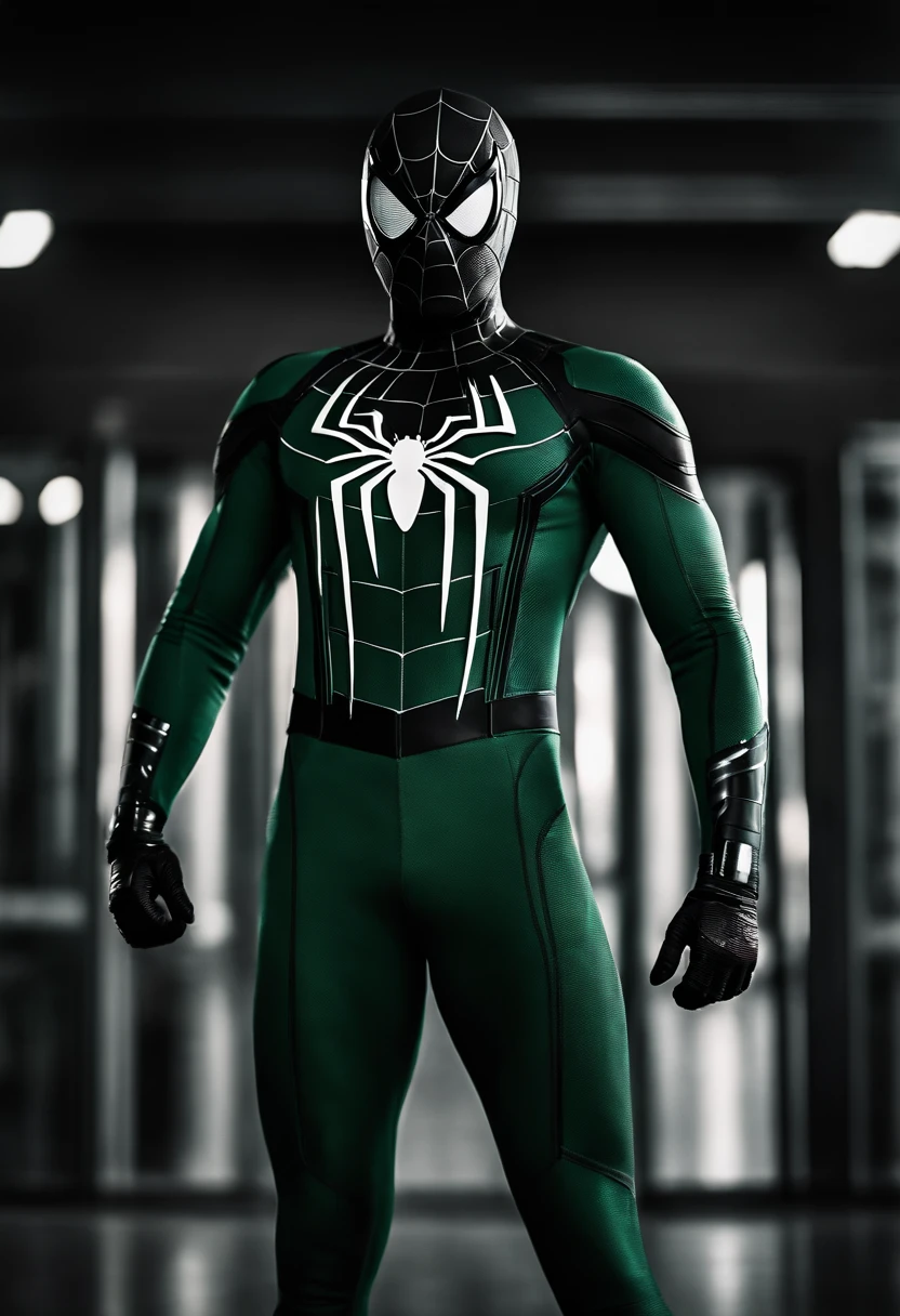 Spider-Man in green uniform and white lines MCU advanced red and blue suit with white long spider symbol with black and white mcu small movable eyepieces