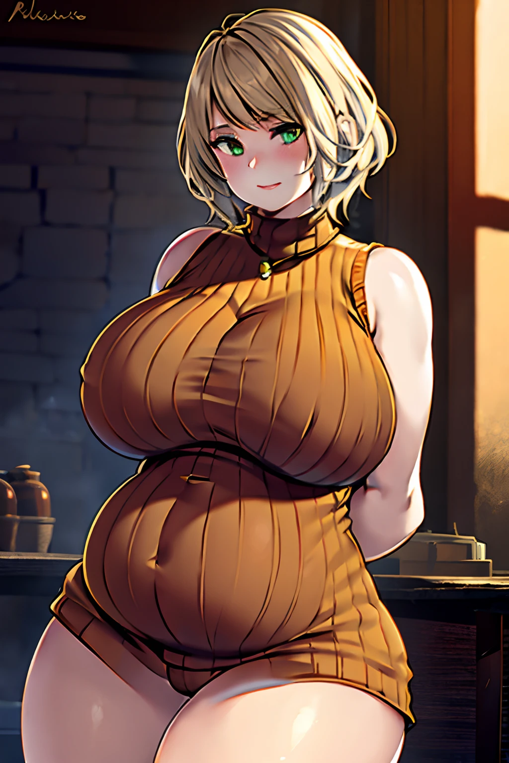 1girl, blurry, photo_\(medium\), realistic, short_hair, sleeveless, solo, looking_at_viewer, blonde_hair, shirt, bare_shoulders, jewelry, green_eyes, upper_body, parted_lips, necklace, sweater, lips, turtleneck, bob_cut, sleeveless_turtleneck, orange_shirt, Ashley, 3d,(thicc:0.5), (WeightImmobile:1.3), (obese:1.2) (round face:1.3), huge belly, wide hips, from below, discoelysium, legs spread, muffin top, pudgy, Big  Bump pregnant, Big boobs, Big pregnant Belly, Big Pregnant girl, Largest Belly of Pregnant, Huge Pregnancy, Huge 9 months Pregnancy Belly, huge belly expansion, huge belly girl