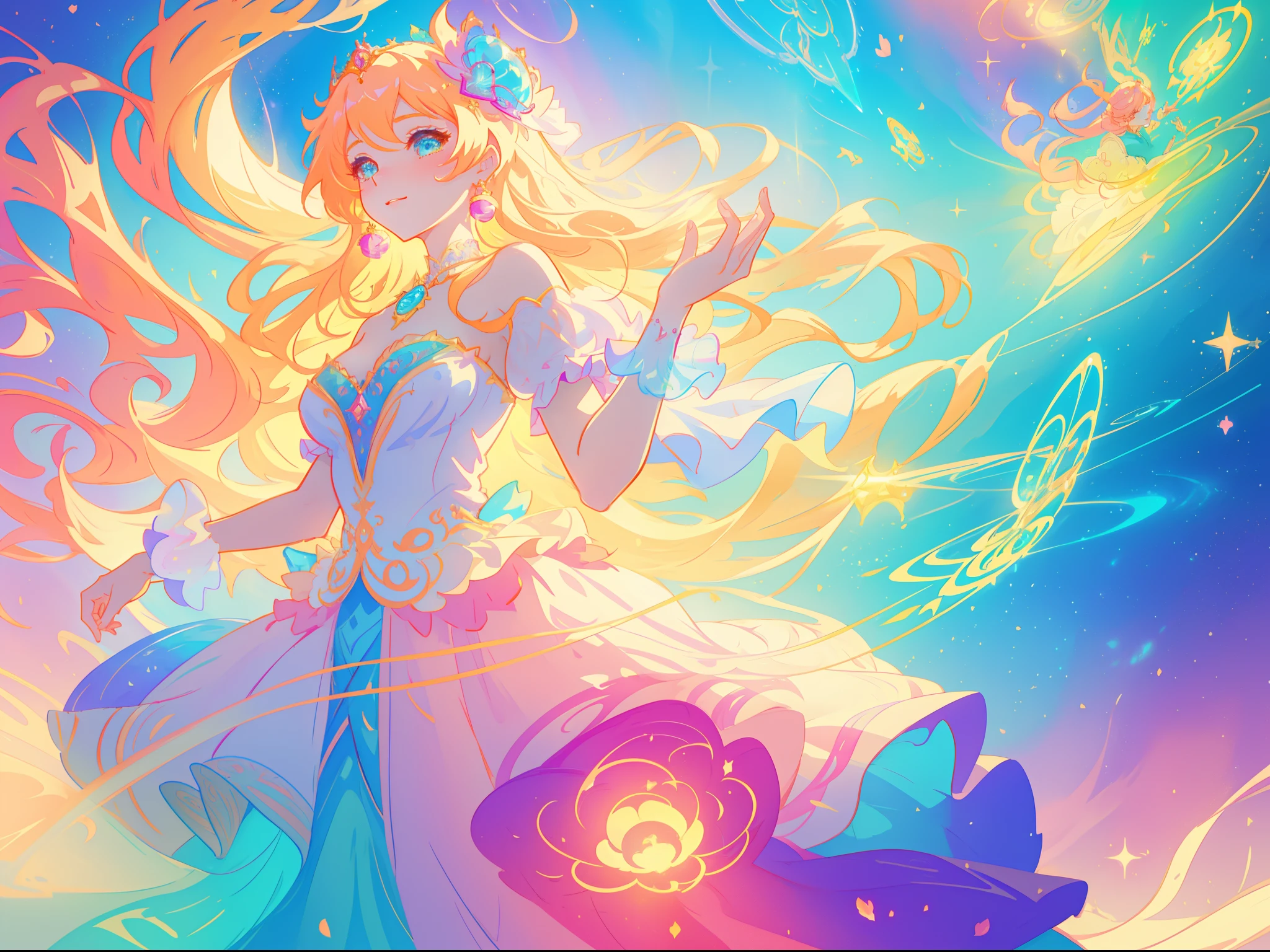 beautiful girl, puffy tiered princess ballgown, vibrant pastel colors, (colorful), magical lights, long flowing golden hair, inspired by Glen Keane, inspired by Lois van Baarle, disney art style, by Lois van Baarle, glowing aura around her, by Glen Keane, jen bartel, glowing lights! digital painting, beautiful digital illustration, fantasia background, whimsical, magical, fantasy, beautiful face, ((masterpiece, best quality)), intricate details, highly detailed, sharp focus, 8k resolution, sparkling detailed eyes