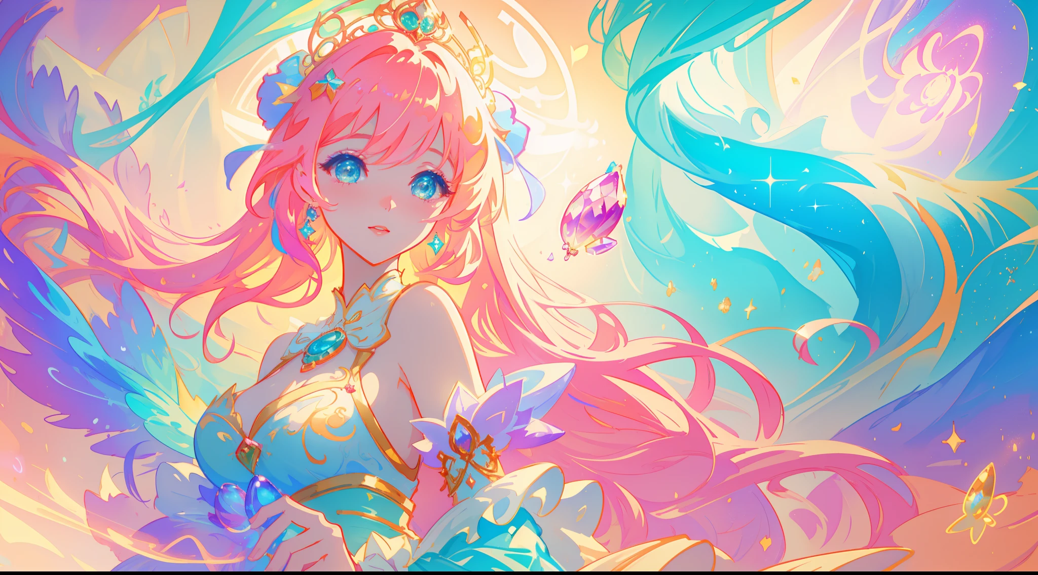 beautiful girl, puffy tiered princess ballgown, vibrant pastel colors, (colorful), magical lights, long flowing golden hair, inspired by Glen Keane, inspired by Lois van Baarle, disney art style, by Lois van Baarle, glowing aura around her, by Glen Keane, jen bartel, glowing lights! digital painting, beautiful digital illustration, fantasia background, whimsical, magical, fantasy, beautiful face, ((masterpiece, best quality)), intricate details, highly detailed, sharp focus, 8k resolution, sparkling detailed eyes