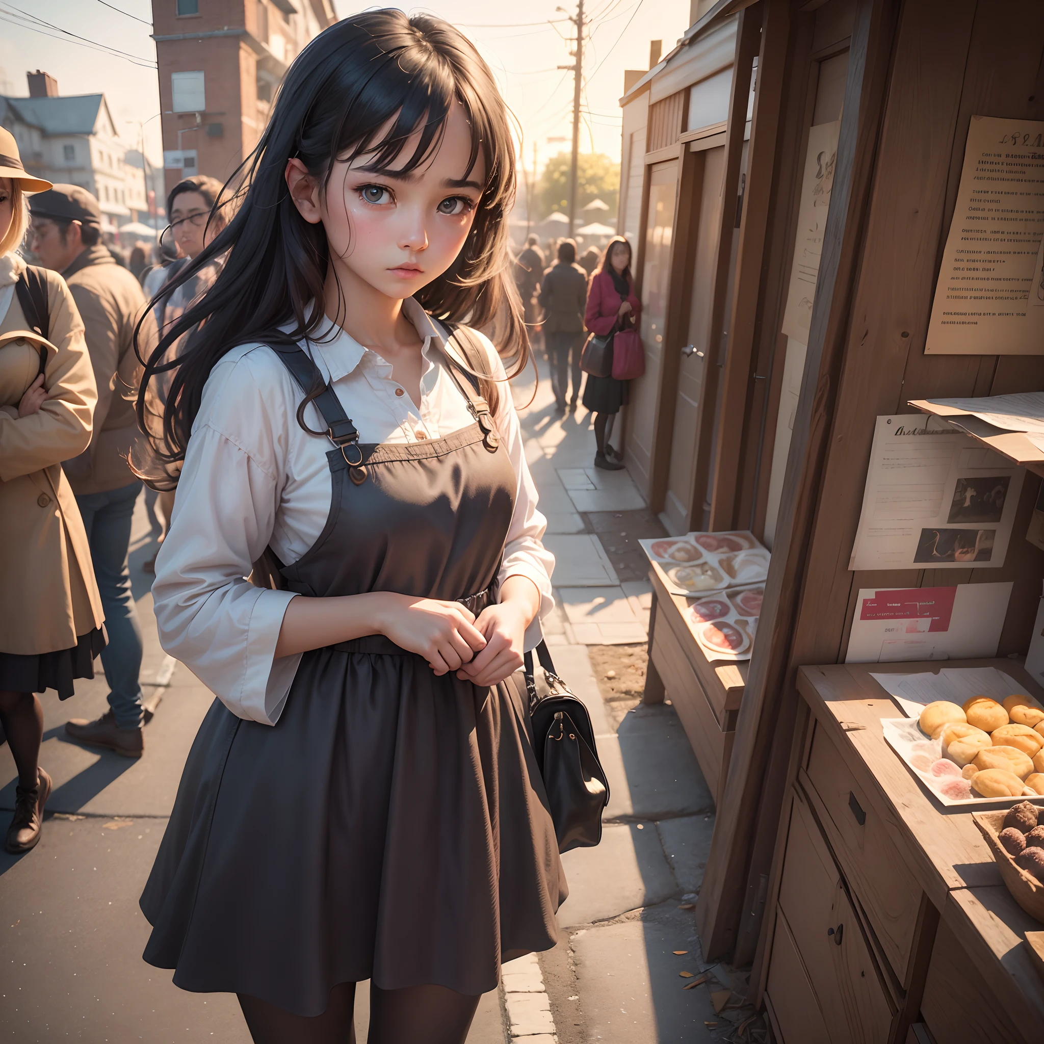 (best quality,4k,8k,highres,masterpiece:1.2),ultra-detailed,(realistic,photorealistic,photo-realistic:1.37),HDR,UHD,professional,physically-based rendering,studio lighting,vivid colors,bokeh,Portraits,landscape,photography,concept artists
A girl standing at the crossroads, longing for her village but filled with bitterness, surrounded by the hustle and bustle of the city. She has a heavy heart, her eyes reflecting her inner turmoil and regret. The girl's face is extremely detailed, with beautiful detailed eyes and lips. Her facial expression reveals melancholy and longing for something lost. She is wearing a traditional dress, symbolic of the nostalgia for her village. The background is a contrast between the vibrant cityscape and the serene countryside. The colors are vivid, with a warm color palette dominating the scene to enhance the emotional atmosphere. The lighting is carefully set to accentuate the girl's figure and highlight her emotions. The level of detail in the artwork is ultra-fine, capturing every minute element of the girl's attire and surroundings. The artwork is rendered in a realistic style, resembling a photograph with the use of HDR and UHD techniques. The overall effect is that of a masterpiece produced by a professional concept artist, evoking a sense of depth and emotion in the viewer.