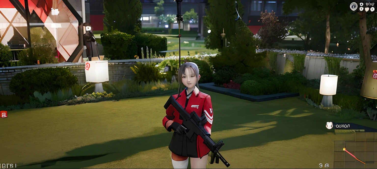 there is a woman standing in a garden with a gun, m4 sopmod ii girls frontline, girls frontline style, red uniform, ingame image, in game, inspired by Sim Sa-jeong, soldier outfit, fashion gameplay screenshot, outfit: cop, inspired by Jang Seung-eop, anya from spy x family, in-game, in - game