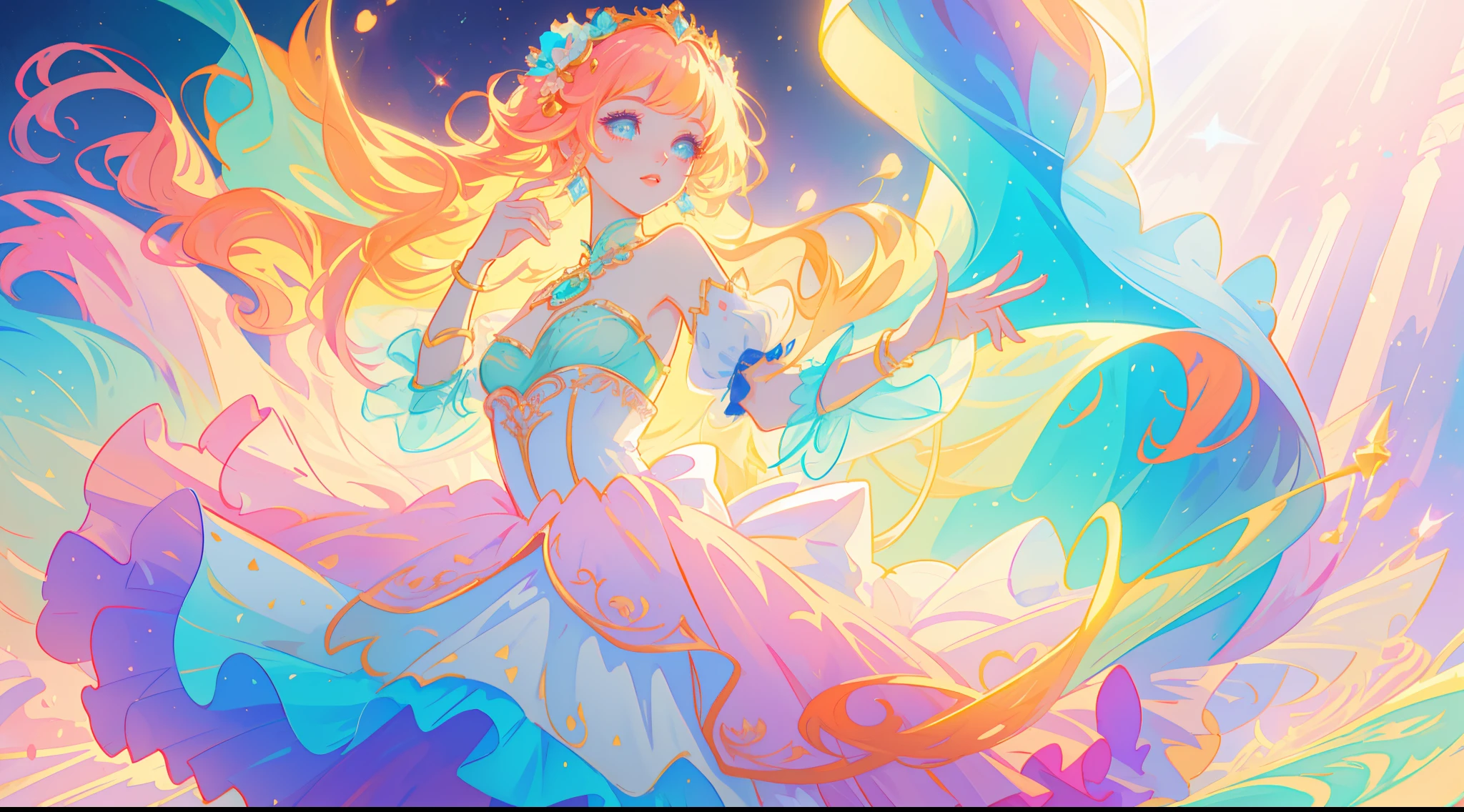 beautiful girl, puffy tiered princess ballgown, vibrant pastel colors, (colorful), magical lights, long flowing golden hair, inspired by Glen Keane, inspired by Lois van Baarle, disney art style, by Lois van Baarle, glowing aura around her, by Glen Keane, jen bartel, glowing lights! digital painting, beautiful digital illustration, fantasia background, whimsical, magical, fantasy, beautiful face, ((masterpiece, best quality)), intricate details, highly detailed, sharp focus, 8k resolution, sparkling detailed eyes