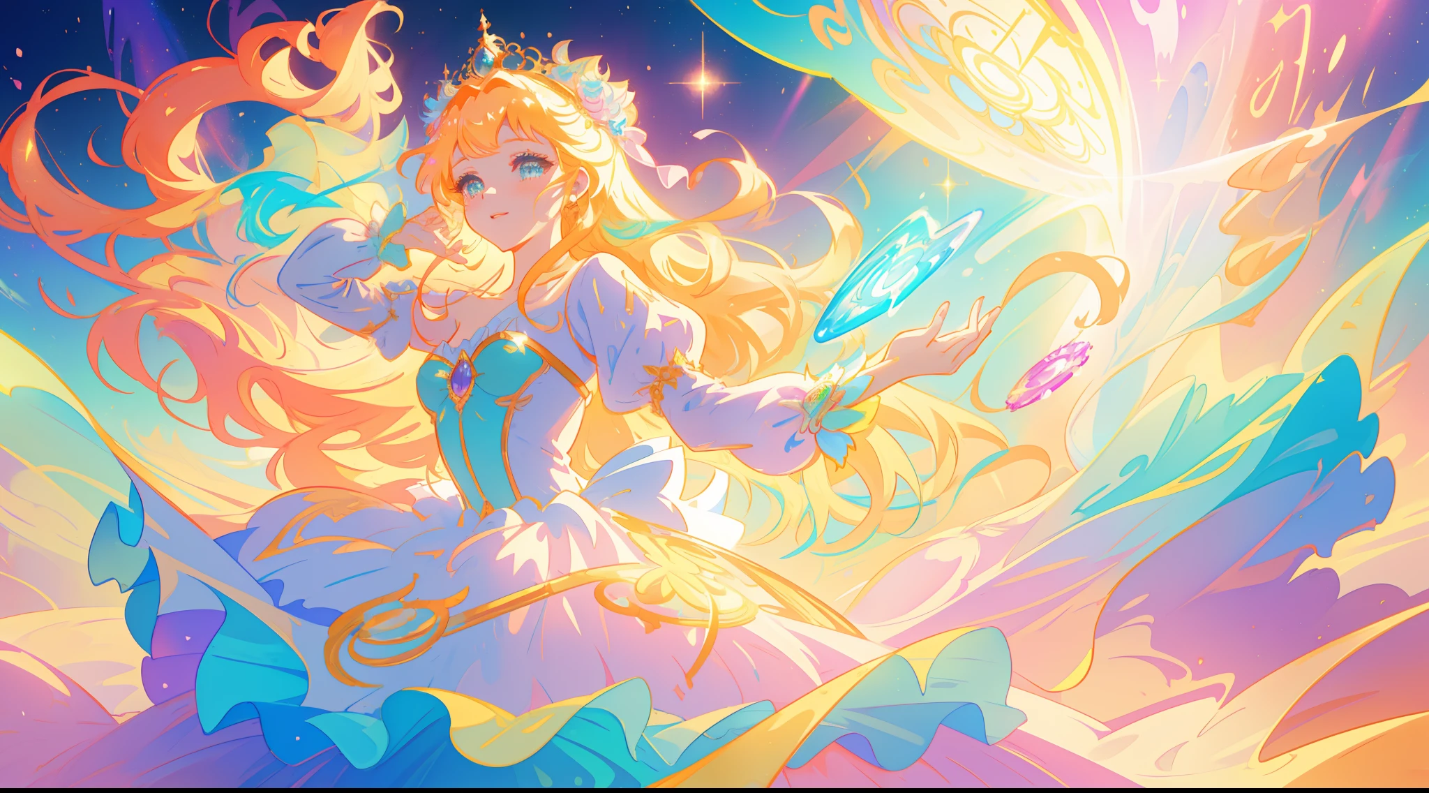beautiful girl, puffy tiered princess ballgown, vibrant pastel colors, (colorful), magical lights, long flowing golden hair, inspired by Glen Keane, inspired by Lois van Baarle, disney art style, by Lois van Baarle, glowing aura around her, by Glen Keane, jen bartel, glowing lights! digital painting, beautiful digital illustration, fantasia background, whimsical, magical, fantasy, beautiful face, ((masterpiece, best quality)), intricate details, highly detailed, sharp focus, 8k resolution, sparkling detailed eyes
