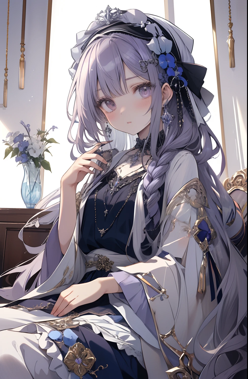 (best quality,4k,8k,highres,masterpiece:1.2),ultra-detailed,vibrant colors,soft shadows,masterful brushstrokes,meticulous details,impeccable rendering,rich skin tones,expressive eyes,and captivating expressions,golden hues,Gear wheel in the background,a 10 years old child with pale grey curly long hair, blue-purple robot eyes, headband decorated with pearl and blue-purple camillia, white shirt, dark blue gress hemline like flower, emotionless,loli, flat chest