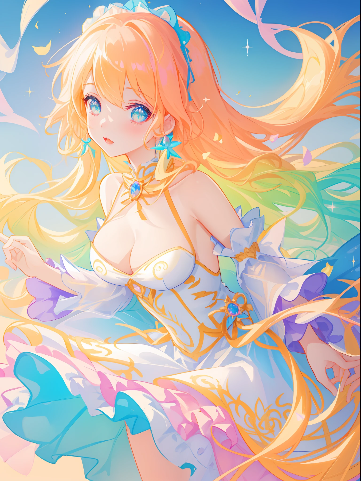 beautiful girl, puffy tiered princess ballgown, vibrant pastel colors, (colorful), magical lights, long flowing golden hair, inspired by Glen Keane, inspired by Lois van Baarle, disney art style, by Lois van Baarle, glowing aura around her, by Glen Keane, jen bartel, glowing lights! beautiful digital illustration, fantasia background, whimsical, magical, fantasy, beautiful face, ((masterpiece, best quality)), intricate details, highly detailed, sharp focus, 8k resolution, sparkling detailed eyes