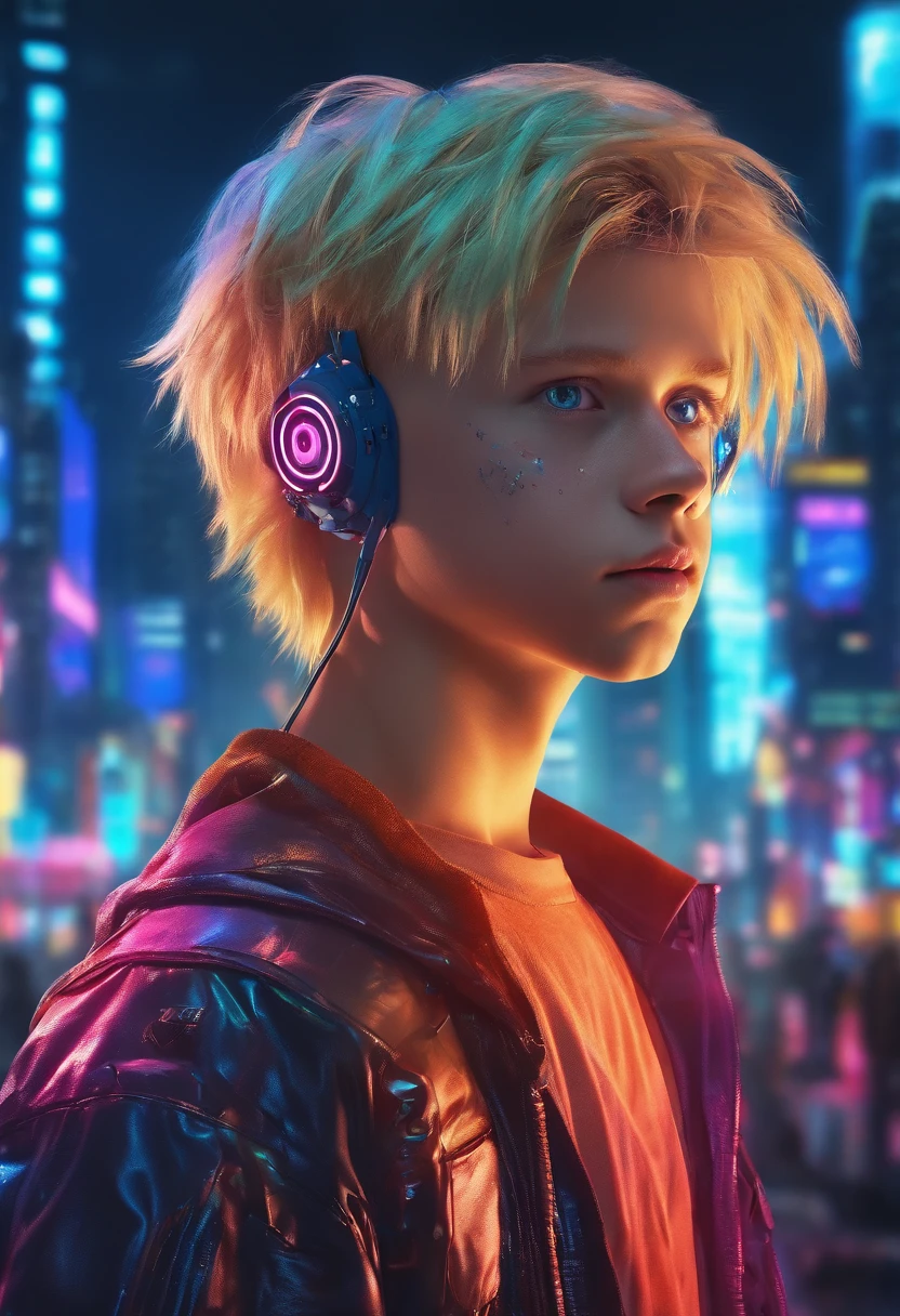 Face of Boy with blond hair and big blue eyes looking, Against the backdrop of the world of tomorrow, Driven by Artificial Intelligence, in a very realistic 8K photo
