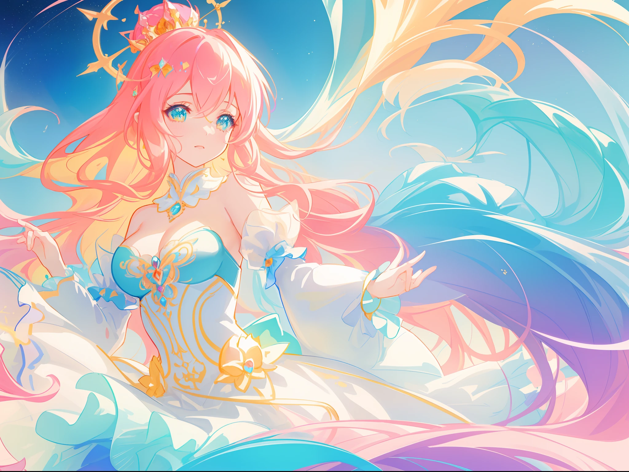 beautiful girl, puffy tiered princess ballgown, vibrant pastel colors, (colorful), magical lights, long flowing golden hair, inspired by Glen Keane, inspired by Lois van Baarle, disney art style, by Lois van Baarle, glowing aura around her, by Glen Keane, jen bartel, glowing lights! beautiful digital illustration, fantasia background, whimsical, magical, fantasy, beautiful face, ((masterpiece, best quality)), intricate details, highly detailed, sharp focus, 8k resolution, sparkling detailed eyes