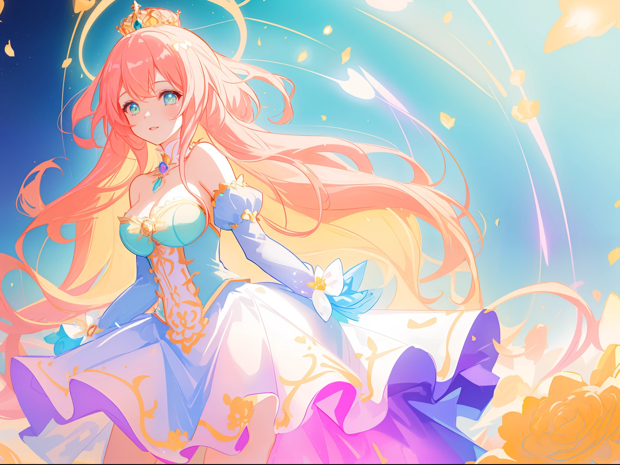 beautiful girl, puffy tiered princess ballgown, vibrant pastel colors, (colorful), magical lights, long flowing golden hair, inspired by Glen Keane, inspired by Lois van Baarle, disney art style, by Lois van Baarle, glowing aura around her, by Glen Keane, jen bartel, glowing lights! beautiful digital illustration, fantasia background, whimsical, magical, fantasy, beautiful face, ((masterpiece, best quality)), intricate details, highly detailed, sharp focus, 8k resolution, sparkling detailed eyes