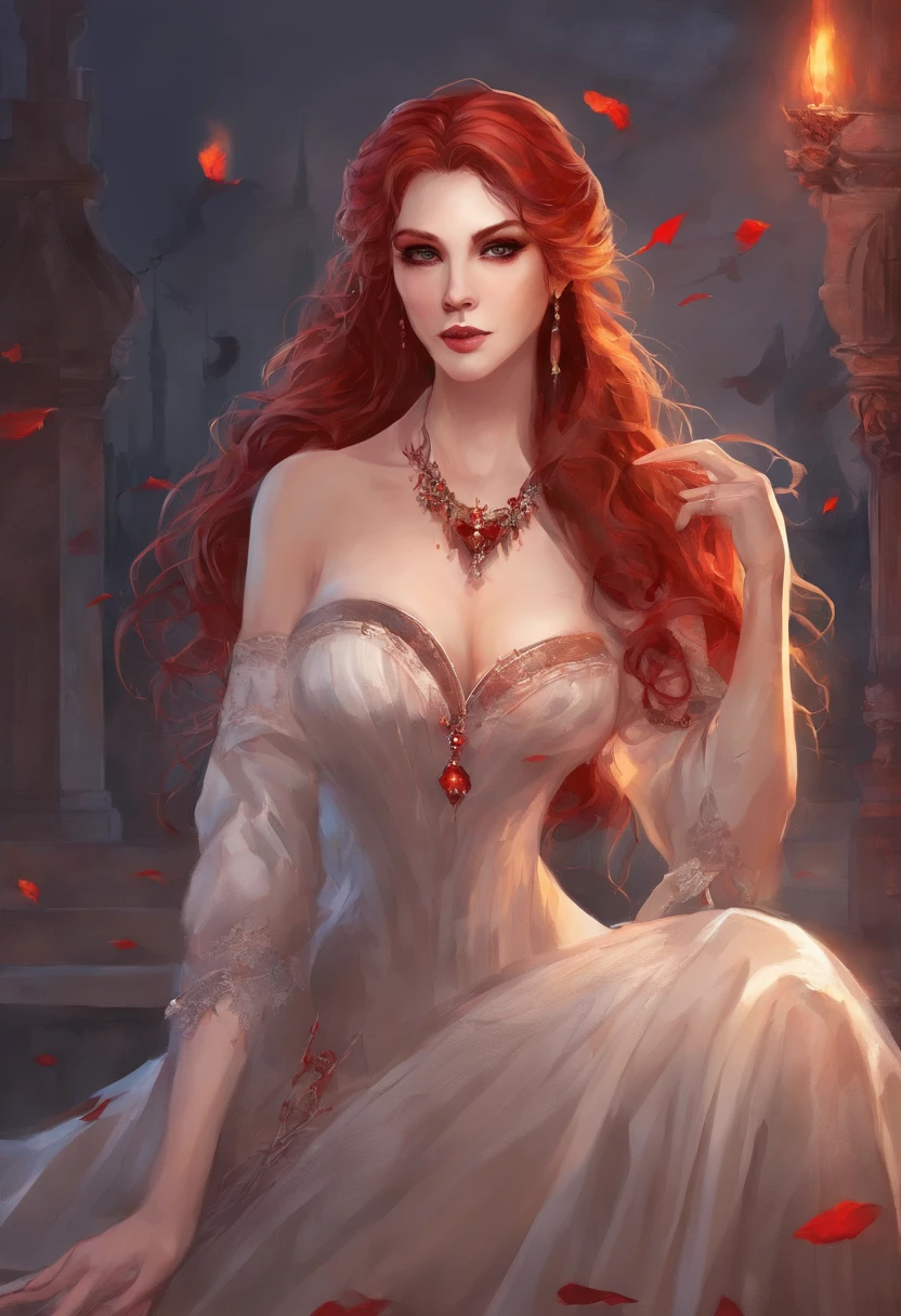 A vampire with (best quality,realistic) portrayal is depicted in this prompt. The vampire has long curly red hair and pale skin, giving her an ethereal appearance. She has piercing red and orange glowing eyes that add to her supernatural aura. The vampire also possesses vampire fangs, which are prominently displayed when she reveals her captivating smile. 

As for her attire, she is wearing a black short skirt that accentuates her figure. She is also wearing a t-shirt that showcases her ample cleavage, enhancing her seductive allure. The color combination of the outfit, black and red, complements her vampire persona.

The artwork should have a high level of detail and realism to capture the intricate features of the vampire, such as her flowing red hair, delicate facial features, and the subtle nuances of her pale skin. The lighting should emphasize the glow of her eyes and create dramatic shadows to enhance the overall atmosphere.

The medium used for this artwork can be interpreted as a combination of traditional and digital art techniques. The artist may choose to create a photorealistic digital painting or a traditional illustration with realistic shading and texture.

Overall, the artwork should evoke a sense of mystery, elegance, and allure, capturing the essence of a powerful and seductive vampire in a high-quality and realistic manner.