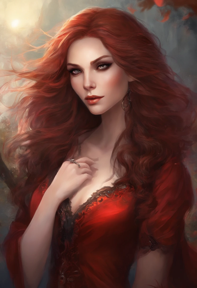 A vampire with (best quality,realistic) portrayal is depicted in this prompt. The vampire has long curly red hair and pale skin, giving her an ethereal appearance. She has piercing red and orange glowing eyes that add to her supernatural aura. The vampire also possesses vampire fangs, which are prominently displayed when she reveals her captivating smile.
As for her attire, she is wearing a black short skirt that accentuates her figure. She is also wearing a t-shirt that showcases her ample cleavage, enhancing her seductive allure. The color combination of the outfit, black and red, complements her vampire persona.
The artwork should have a high level of detail and realism to capture the intricate features of the vampire, such as her flowing red hair, delicate facial features, and the subtle nuances of her pale skin. The lighting should emphasize the glow of her eyes and create dramatic shadows to enhance the overall atmosphere.
The medium used for this artwork can be interpreted as a combination of traditional and digital art techniques. The artist may choose to create a photorealistic digital painting or a traditional illustration with realistic shading and texture.
Overall, the artwork should evoke a sense of mystery, elegance, and allure, capturing the essence of a powerful and seductive vampire in a high-quality and realistic manner.