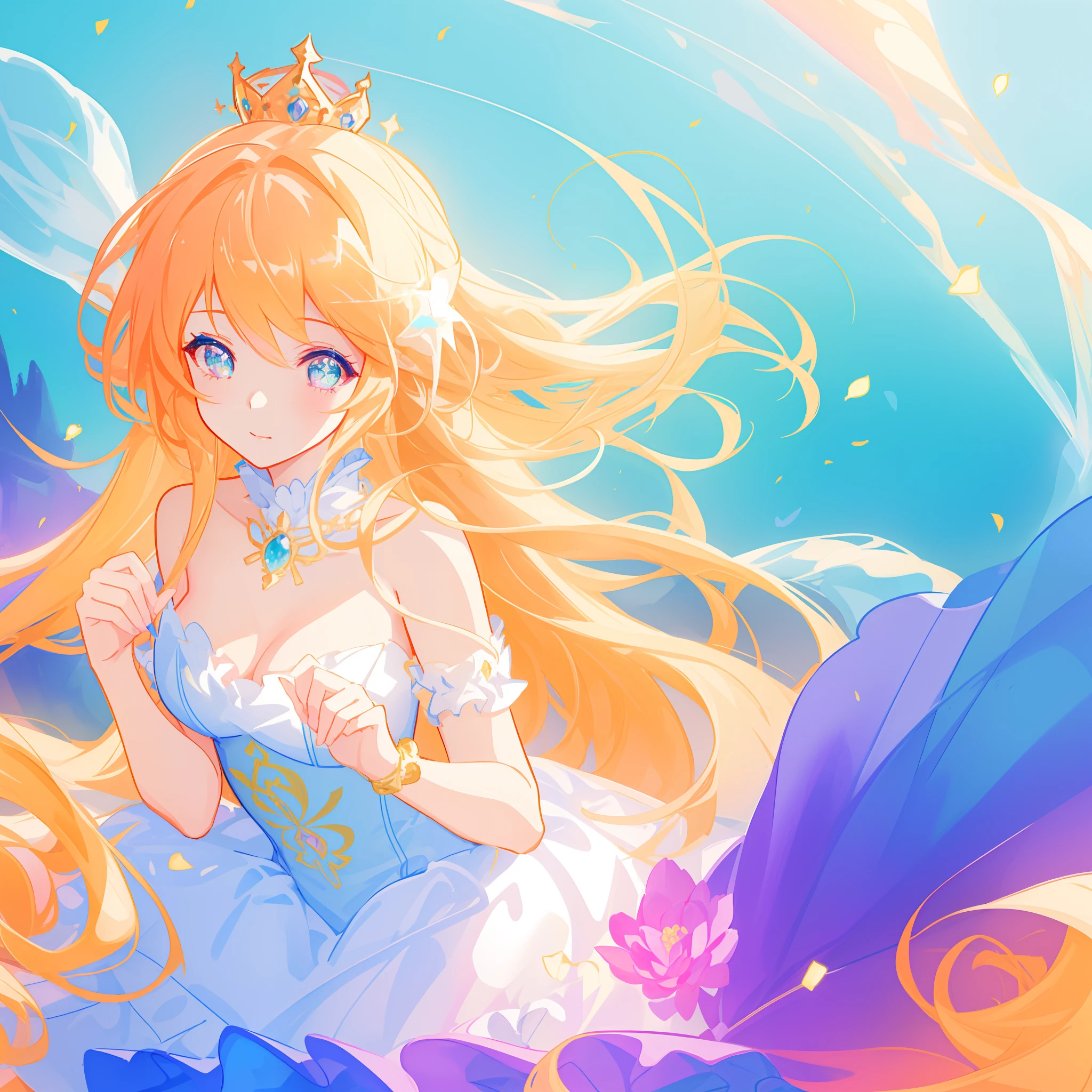 beautiful girl, puffy tiered princess ballgown, vibrant pastel colors, (colorful), magical lights, long flowing golden hair, inspired by Glen Keane, inspired by Lois van Baarle, disney art style, by Lois van Baarle, glowing aura around her, by Glen Keane, jen bartel, glowing lights! beautiful digital illustration, fantasia background, whimsical, magical, fantasy, beautiful face, ((masterpiece, best quality)), intricate details, highly detailed, sharp focus, 8k resolution, sparkling detailed eyes