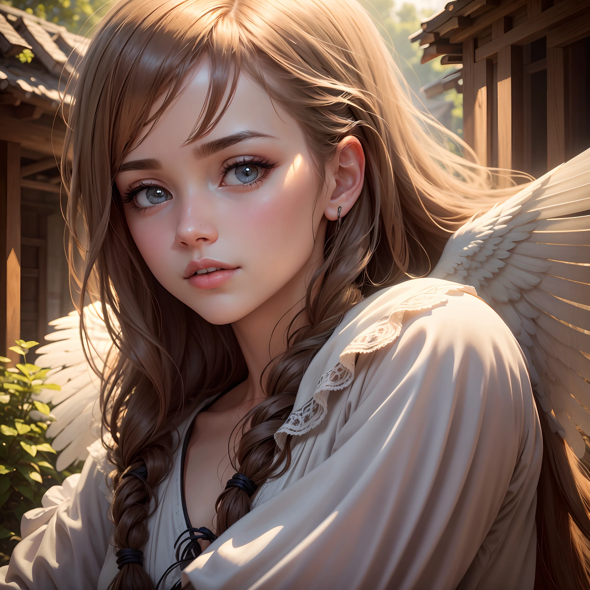 The prompt for the given theme is as follows:

"best quality,4k,8k,highres,masterpiece:1.2,ultra-detailed,(realistic,photorealistic,photo-realistic:1.37),portraits,beautiful detailed eyes,beautiful detailed lips,extremely detailed eyes and face,long eyelashes,shining girl,angelic appearance,vibrant colors,soft lighting,peaceful village setting,blissful atmosphere"