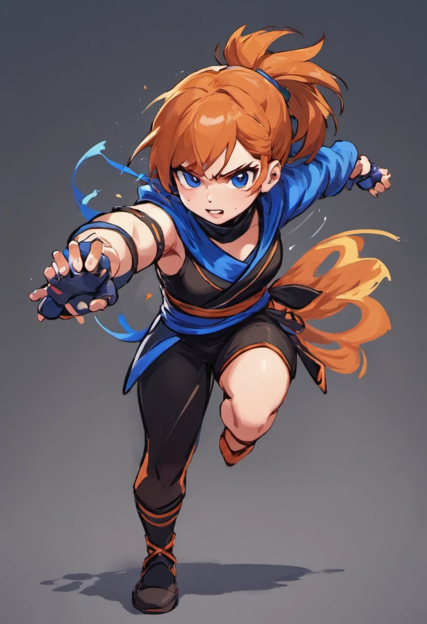 Lutteuse aux cheveux roux, Tenue de ninja avec rayures bleues