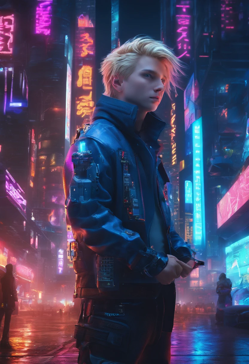 Face of a boy with blond hair and big blue eyes, Against the backdrop of the world of tomorrow, Driven by Artificial Intelligence, in a very realistic 8K photo