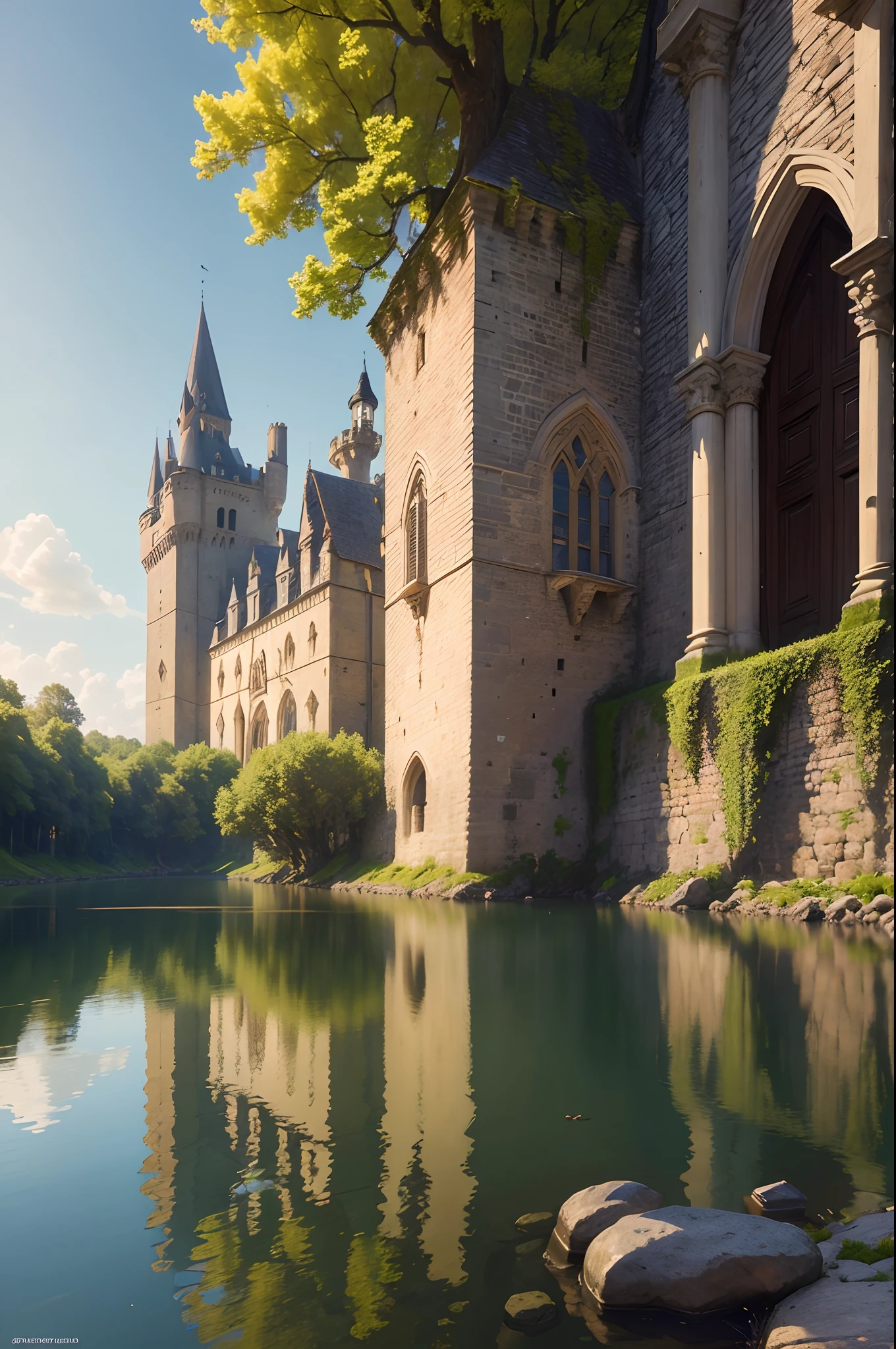 medieval castle,stone structure,moss-covered walls,turrets,tall towers,drawbridge,moat,reflection in the river,beautiful scenery,sunlight shining through,flower garden,ivy-covered walls,ancient architecture,gargoyles,flag waving on the top,steam rising from the chimney of the castle,stone pathway leading to the castle,serene atmosphere,peaceful surroundings,birds flying in the sky,boats passing by on the river,medieval knights with armor and swords,people enjoying a picnic on the grass,castle surrounded by lush green trees,blue sky with fluffy white clouds,gentle breeze,crystal clear water in the river,medieval flags fluttering in the wind,royalty and nobility,stained glass windows,elaborate carvings,detailed wooden doors,narrow cobblestone streets,bustling market nearby,romantic atmosphere,fairy tale-like setting,horizon line in the distance,medieval architecture,arches and columns,majestic presence,grand entrance,enchanted by the beauty,peaceful reflection of the castle in the river,perfect harmony between nature and architecture. (best quality,4k,8k,highres,masterpiece:1.2),ultra-detailed,(realistic,photorealistic,photo-realistic:1.37),HDR,UHD,studio lighting,ultra-fine painting,sharp focus,physically-based rendering,professional,vivid colors,bokeh,portraits,landscape,photography,concept artists,warm tones,magical lighting.