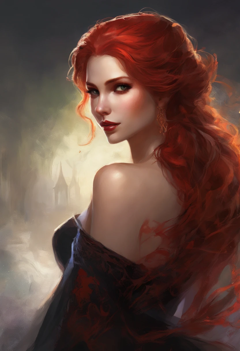 A vampire with (best quality,realistic) portrayal is depicted in this prompt. The vampire has long curly red hair and pale skin, giving her an ethereal appearance. She has piercing red and orange glowing eyes that add to her supernatural aura. The vampire also possesses vampire fangs, which are prominently displayed when she reveals her captivating smile.
As for her attire, she is wearing a black short skirt that accentuates her figure. She is also wearing a t-shirt that showcases her ample cleavage, enhancing her seductive allure. The color combination of the outfit, black and red, complements her vampire persona.
The artwork should have a high level of detail and realism to capture the intricate features of the vampire, such as her flowing red hair, delicate facial features, and the subtle nuances of her pale skin. The lighting should emphasize the glow of her eyes and create dramatic shadows to enhance the overall atmosphere.
The medium used for this artwork can be interpreted as a combination of traditional and digital art techniques. The artist may choose to create a photorealistic digital painting or a traditional illustration with realistic shading and texture.
Overall, the artwork should evoke a sense of mystery, elegance, and allure, capturing the essence of a powerful and seductive vampire in a high-quality and realistic manner.