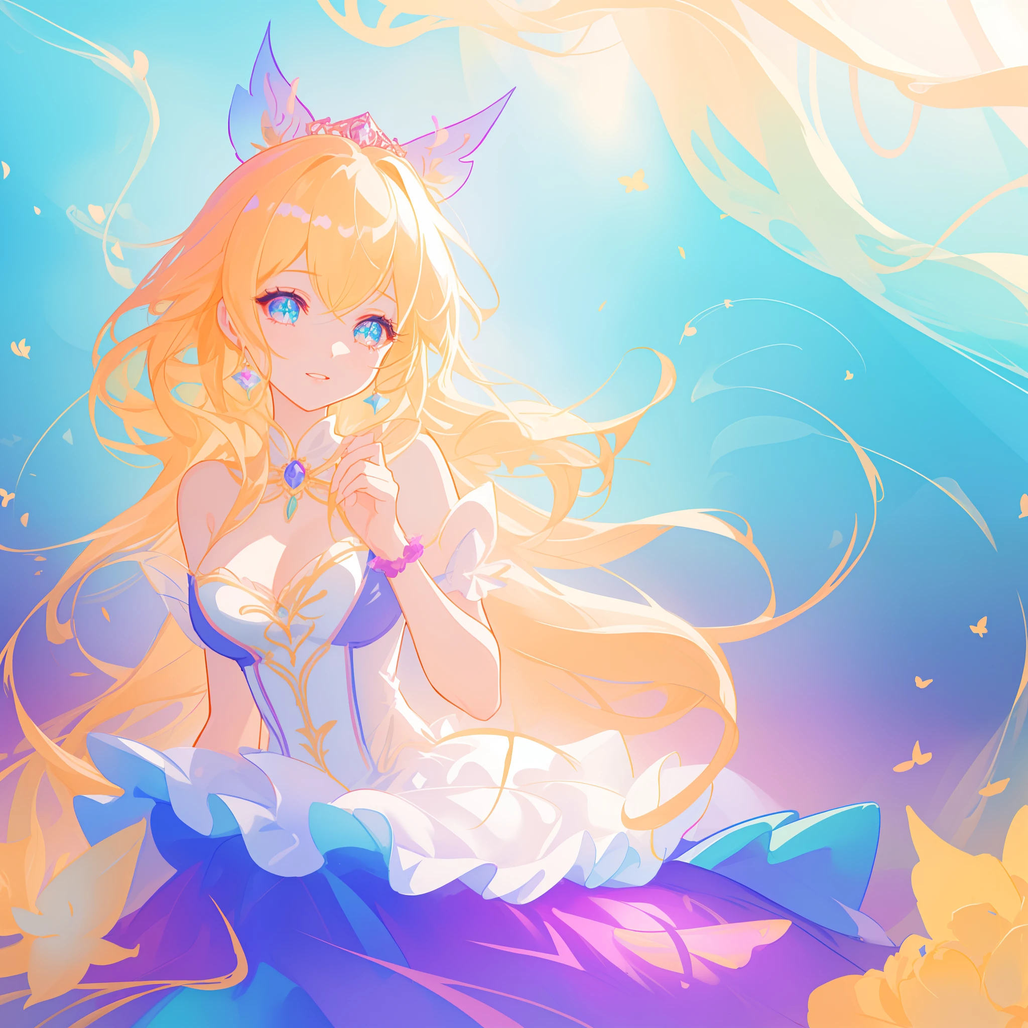 beautiful girl, puffy tiered princess ballgown, vibrant pastel colors, (colorful), magical lights, long flowing golden hair, inspired by Glen Keane, inspired by Lois van Baarle, disney art style, by Lois van Baarle, glowing aura around her, by Glen Keane, jen bartel, glowing lights! beautiful digital illustration, fantasia background, whimsical, magical, fantasy, beautiful face, ((masterpiece, best quality)), intricate details, highly detailed, sharp focus, 8k resolution, sparkling detailed eyes