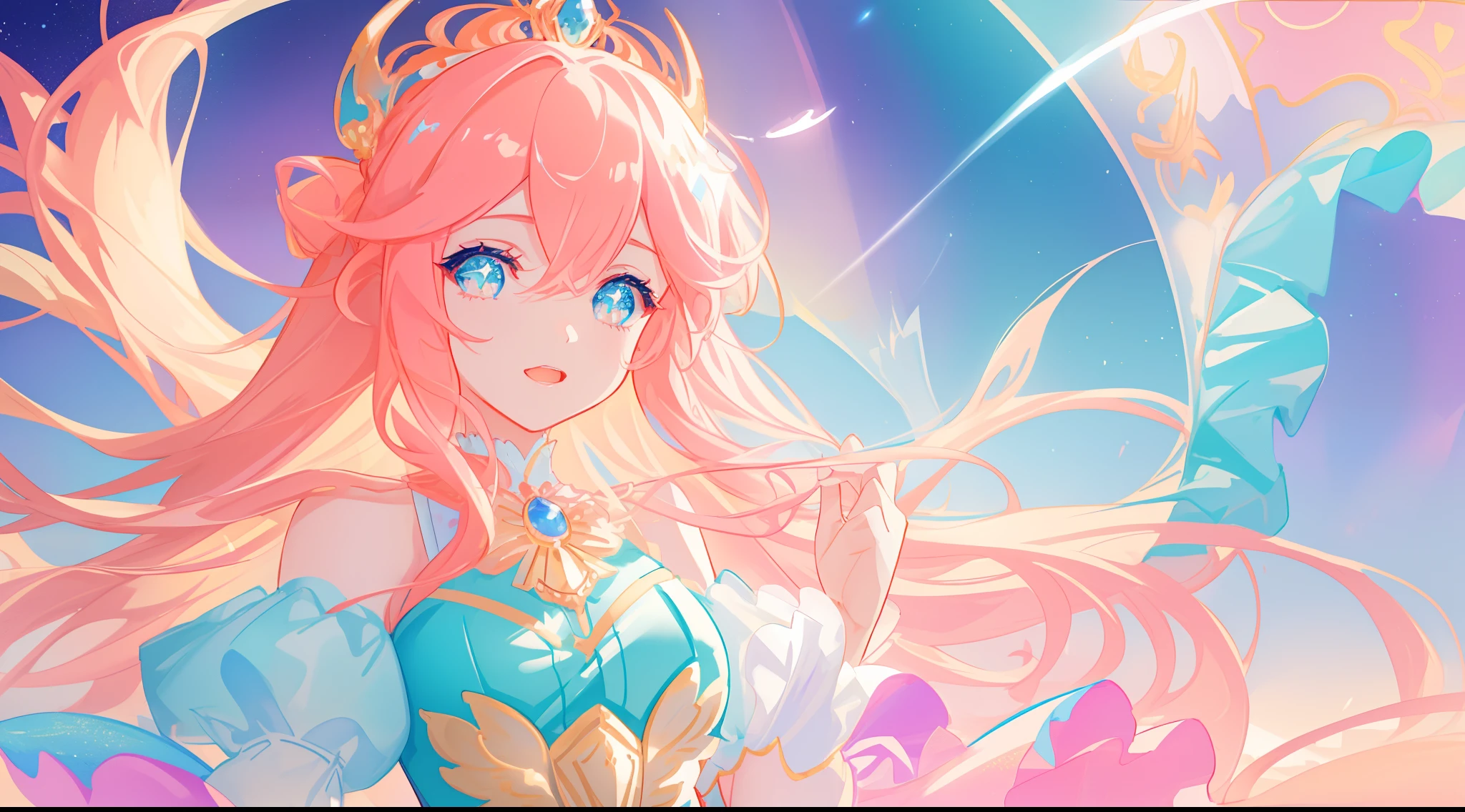 beautiful girl, puffy tiered princess ballgown, vibrant pastel colors, (colorful), magical lights, long flowing golden hair, inspired by Glen Keane, inspired by Lois van Baarle, disney art style, by Lois van Baarle, glowing aura around her, by Glen Keane, jen bartel, glowing lights! beautiful digital illustration, fantasia background, whimsical, magical, fantasy, beautiful face, ((masterpiece, best quality)), intricate details, highly detailed, sharp focus, 8k resolution, sparkling detailed eyes