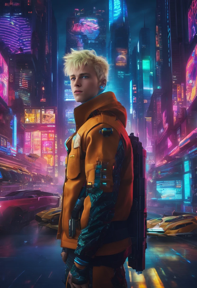 Face of a boy with blond hair and big blue eyes, Against the backdrop of the world of tomorrow, Driven by Artificial Intelligence, in a very realistic 8K photo