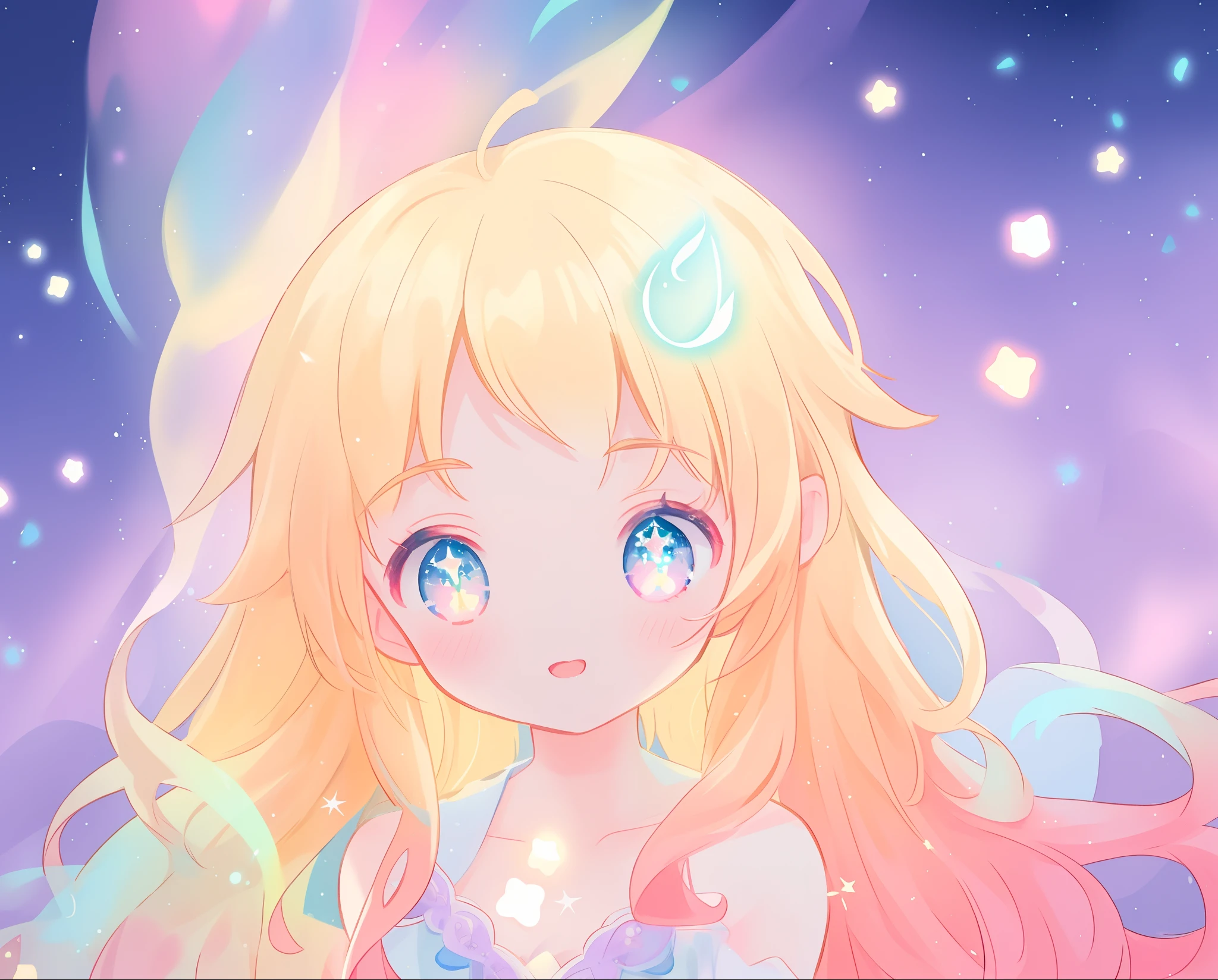 beautiful girl in white flowing nightgown, vibrant pastel colors, (colorful), magical forest, magical lights, golden long wavy hair, sparkling lines of light, glowing stars, cute glowing creatures, inspired by Glen Keane, inspired by Lois van Baarle, disney art style, by Lois van Baarle, glowing aura around her, by Glen Keane, jen bartel, glowing lights! digital painting, flowing glowing hair, glowing flowing hair, beautiful digital illustration, fantasia background, whimsical, magical, fantasy, beautiful face, ((masterpiece, best quality)), intricate details, highly detailed, sharp focus, 8k resolution, sparkling detailed eyes, liquid watercolor