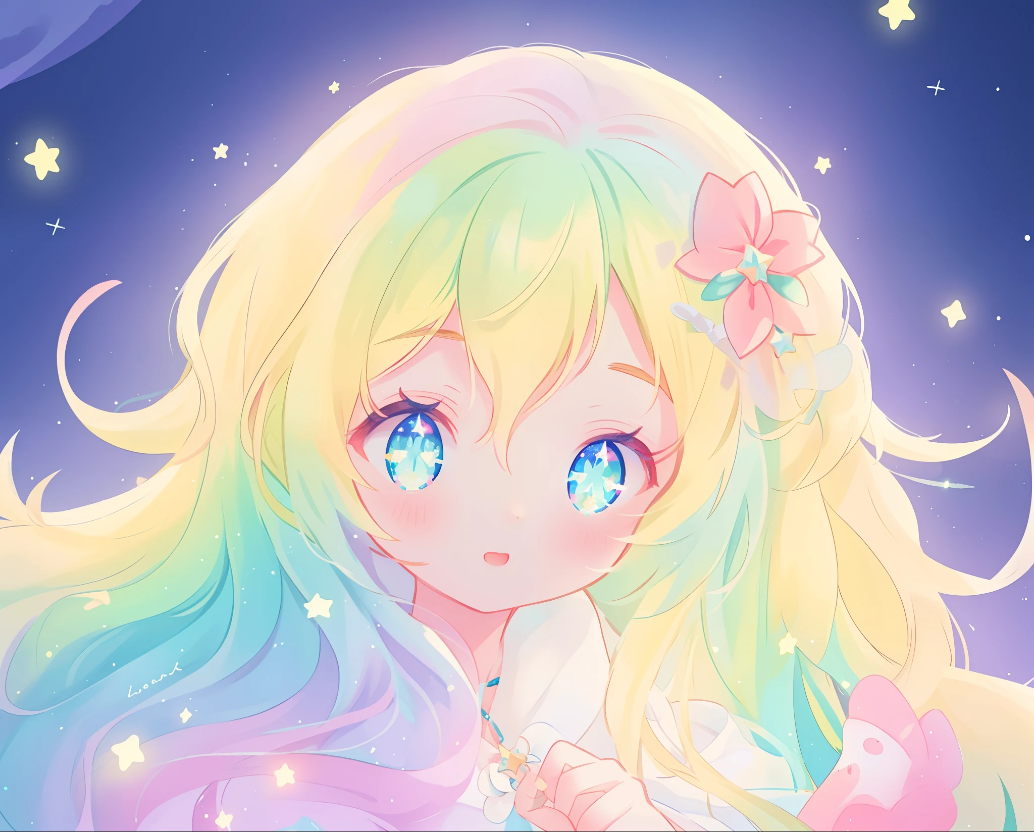 beautiful girl in white flowing nightgown, vibrant pastel colors, (colorful), magical forest, magical lights, golden long wavy hair, sparkling lines of light, glowing stars, cute glowing creatures, inspired by Glen Keane, inspired by Lois van Baarle, disney art style, by Lois van Baarle, glowing aura around her, by Glen Keane, jen bartel, glowing lights! digital painting, flowing glowing hair, glowing flowing hair, beautiful digital illustration, fantasia background, whimsical, magical, fantasy, beautiful face, ((masterpiece, best quality)), intricate details, highly detailed, sharp focus, 8k resolution, sparkling detailed eyes, liquid watercolor