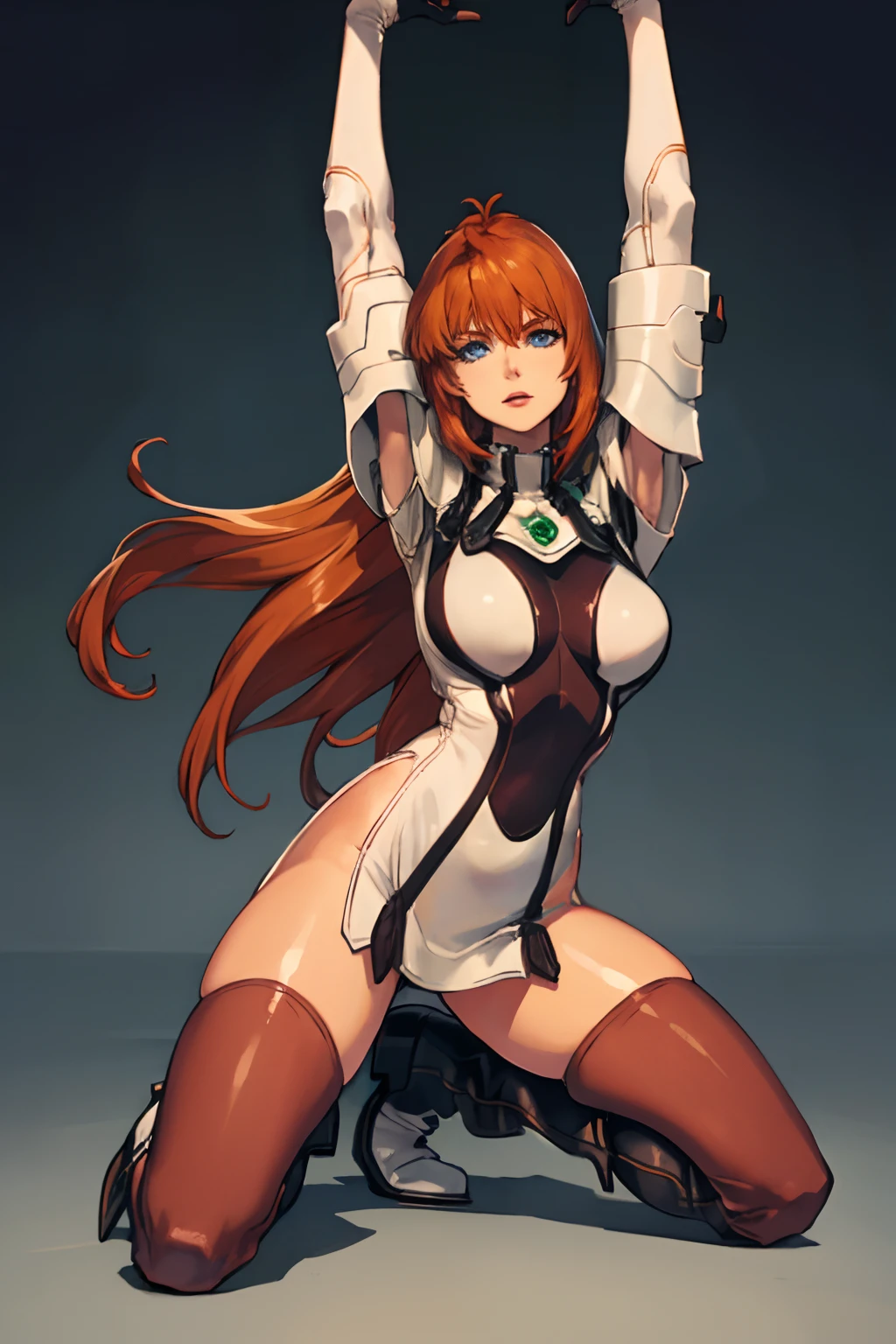 Elhaym von Houten, Uniform, Posing, Massive Breasts stretch the fabric of her uniform.  Orange Hair, beautiful redhead hair.  Gloves.  Stockings.  Boots.  Elhaym van Houten.