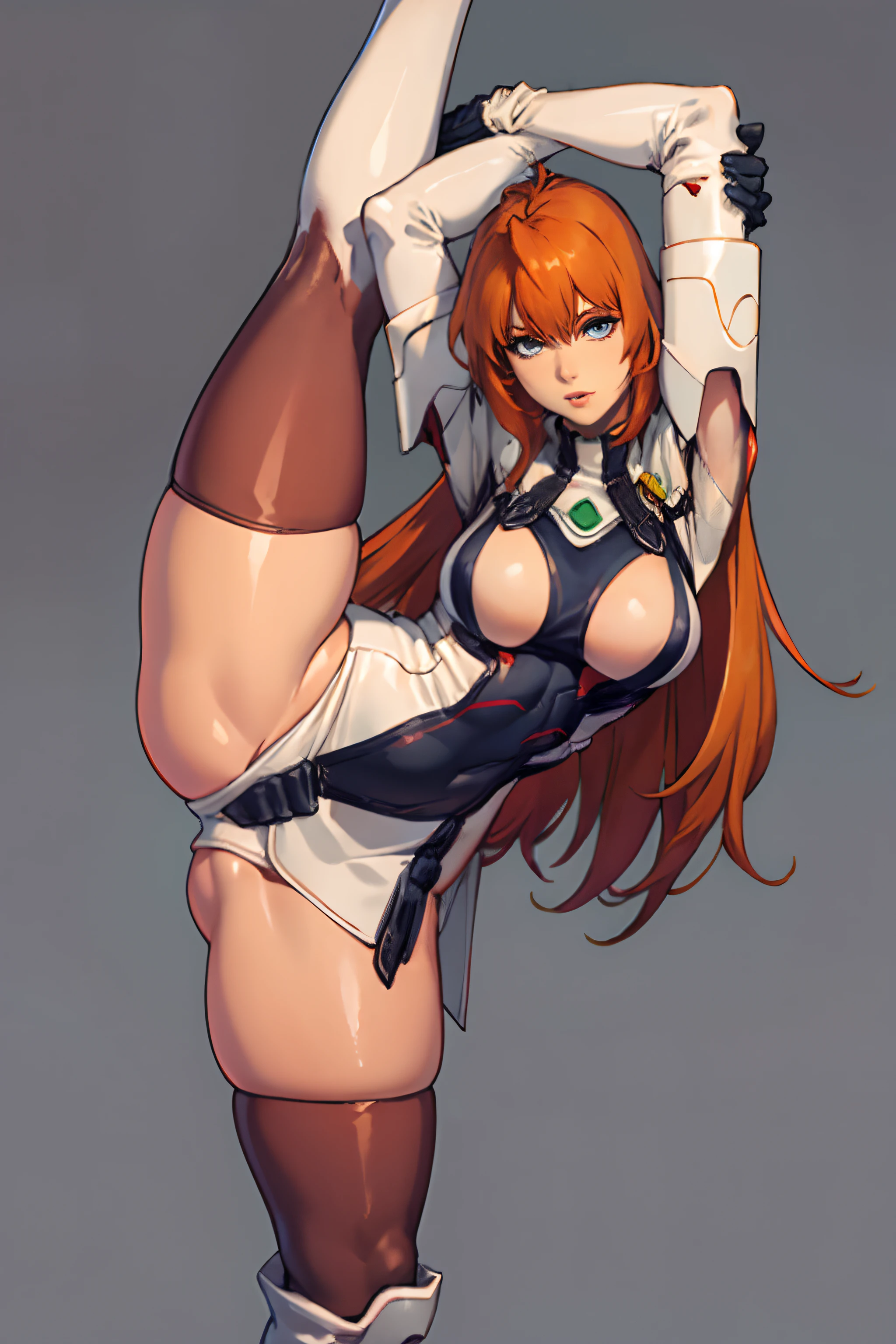 Elhaym von Houten, Uniform, Posing, Massive Breasts stretch the fabric of her uniform.  Orange Hair, beautiful redhead hair.  Gloves.  Stockings.  Boots.  Elhaym van Houten.