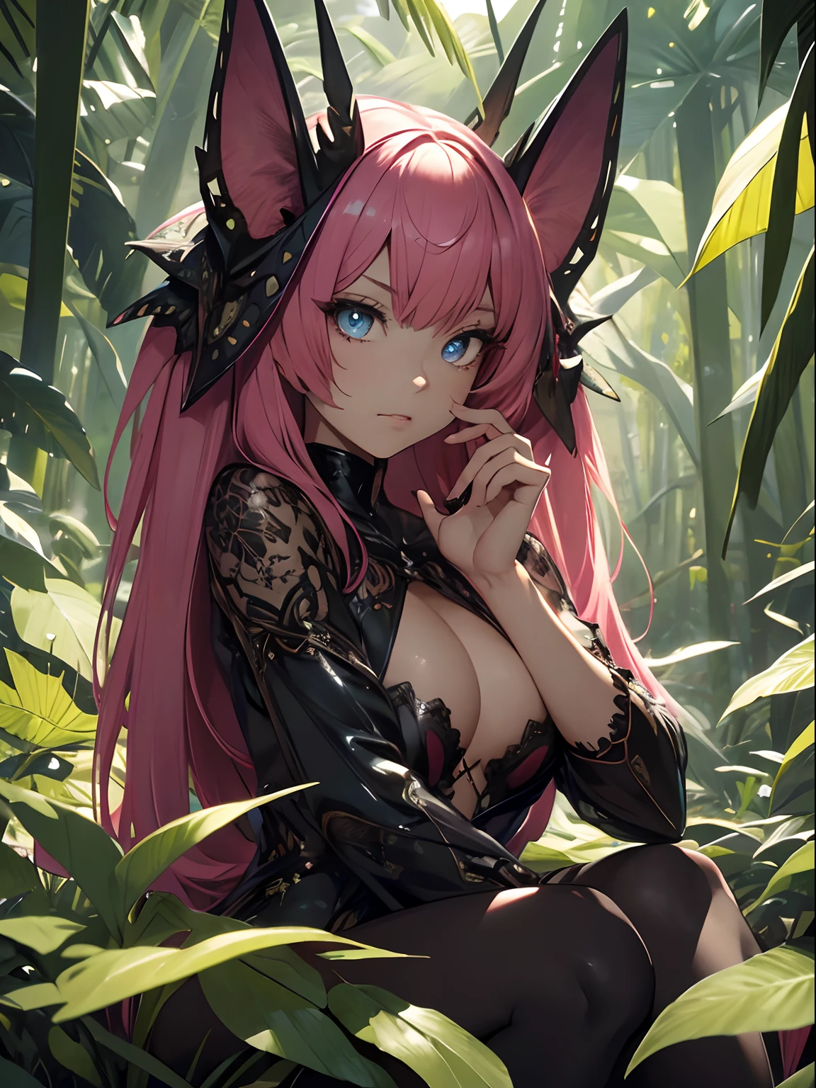 traptrixmantis,short,mantis sleeve,solo, 1girl,full body,sitting,forest background,masterpiece,solo,beautiful detailed eyes,finely detail,detailed face,vivid color,5 fingers,finely detailed,hyper detailed,detailed hand,8k,finely detailed beautiful eyes,high resolution illustration,best quality, no bra, big tits