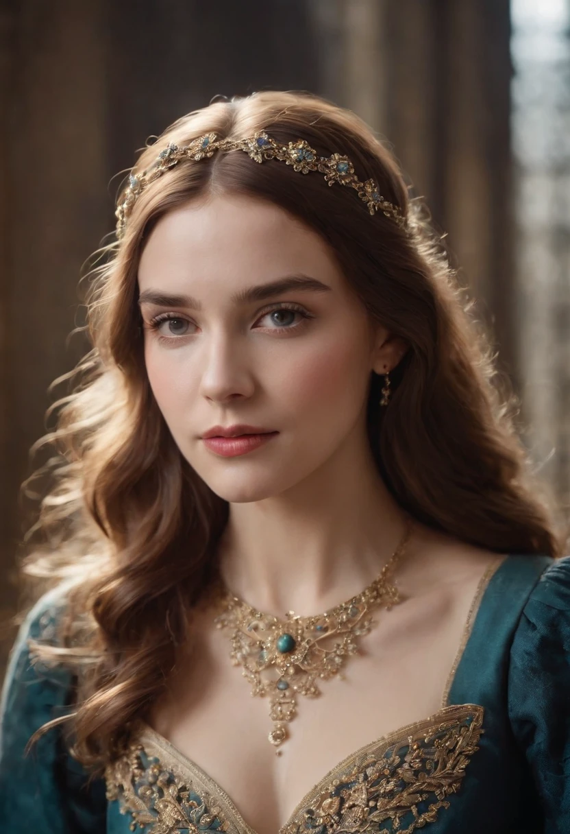 European and American court style,A girl covered in jewelry,Wear medieval vintage fashion,The background is dark,Presented as a bust,The picture ratio is HD 9:16。