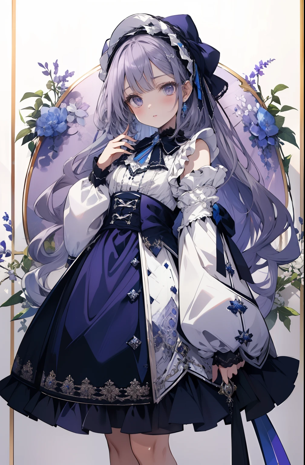 (best quality,4k,8k,highres,masterpiece:1.2),ultra-detailed,vibrant colors,soft shadows,masterful brushstrokes,meticulous details,impeccable rendering,rich skin tones,expressive eyes,and captivating expressions,full of Gear wheel in the background,, pale grey curly long hair, blue-purple robot eyes, headband decorated with pearl and blue-purple camillia, white shirt, dark blue lolita, hemline like flower, emotionless,loli, flat chest