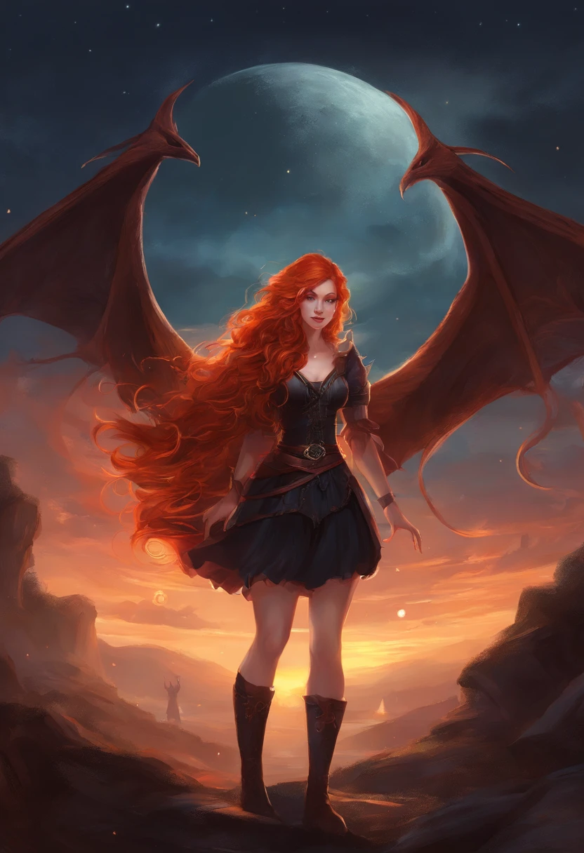 Long curly red hair, vampire fangs, pale skin, big breasts, and red and orange glowing eyes. She is wearing a very short black skirt and a tight black t-shirt that shows off her cleavage. She isn't wearing a bra or panties. There is a moon in the background. Realistic.